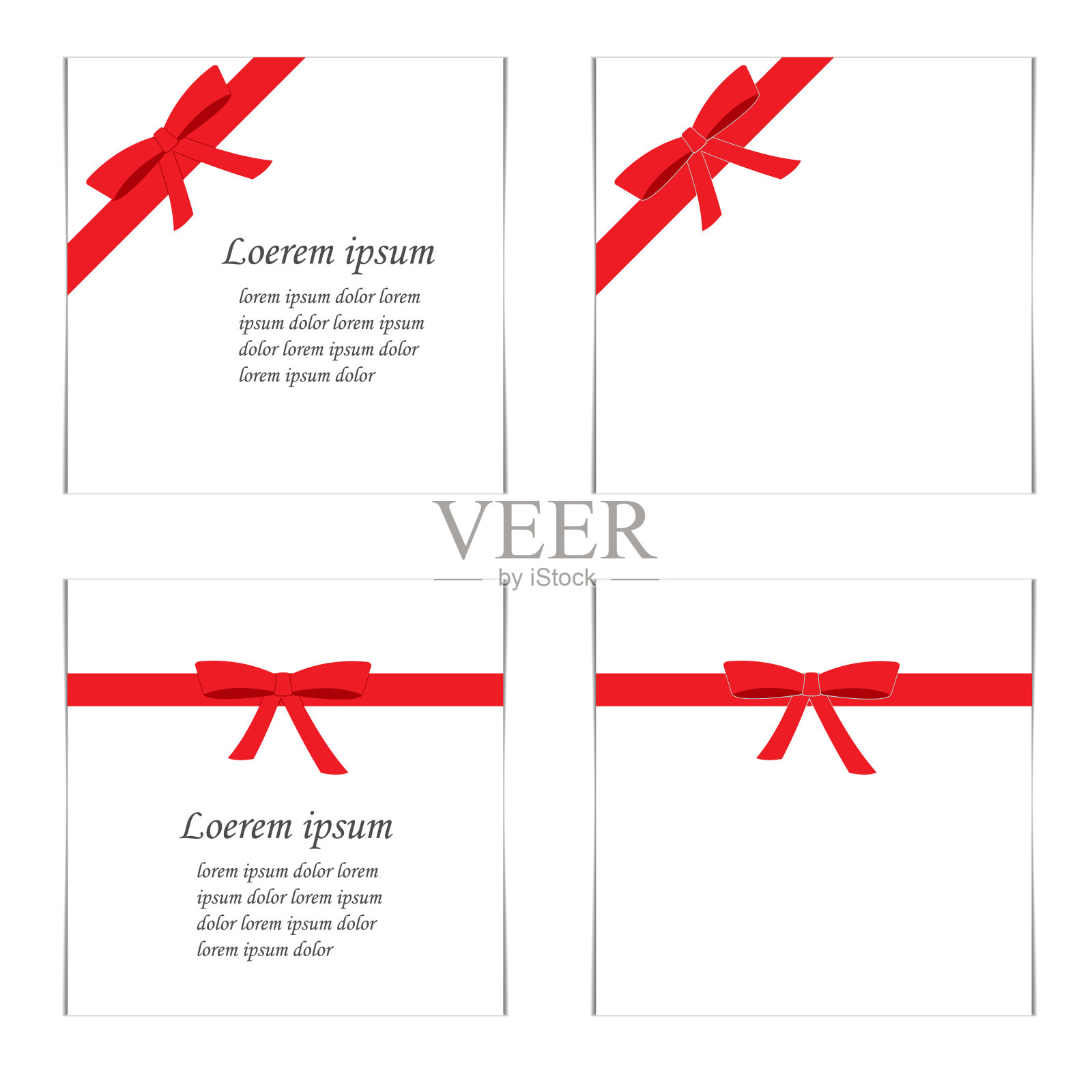 一套印有红色丝带和文字礼品蝴蝶结的扁平卡片。矢量插图。插画图片素材