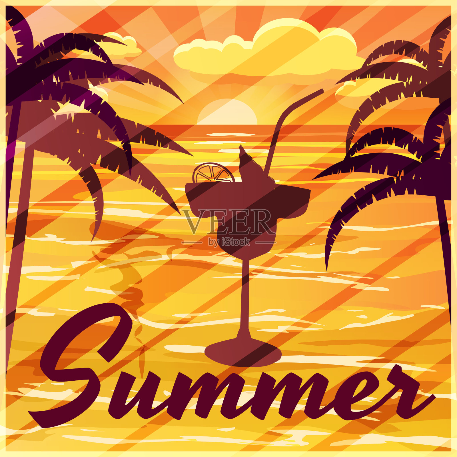 夏天，棕榈树，海，晚上，鸡尾酒，旗帜，矢量插图插画图片素材