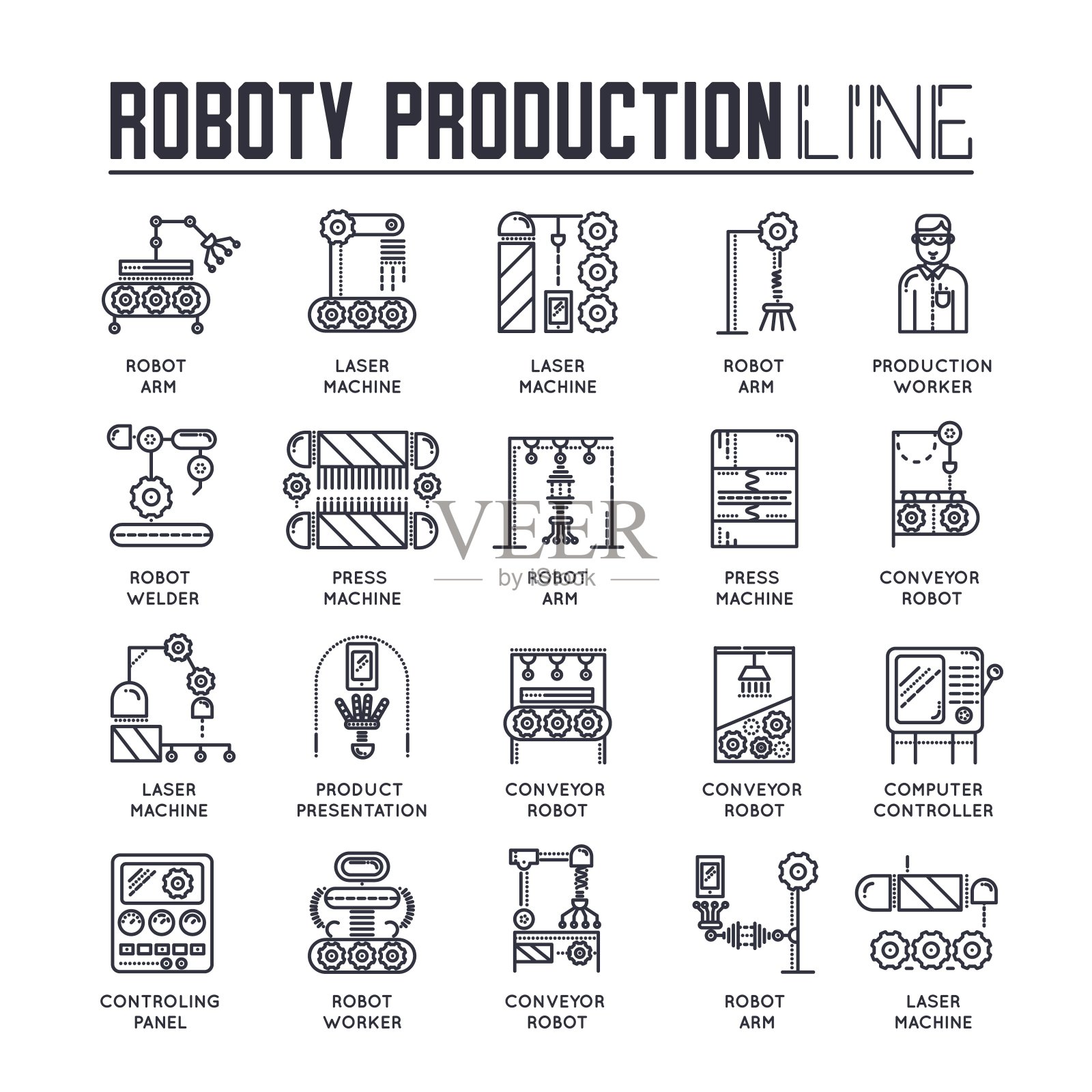 人们工作的机器人装配线矢量轮廓图标。机器人生产细线插图。横幅与印刷标语文字设计。插画图片素材