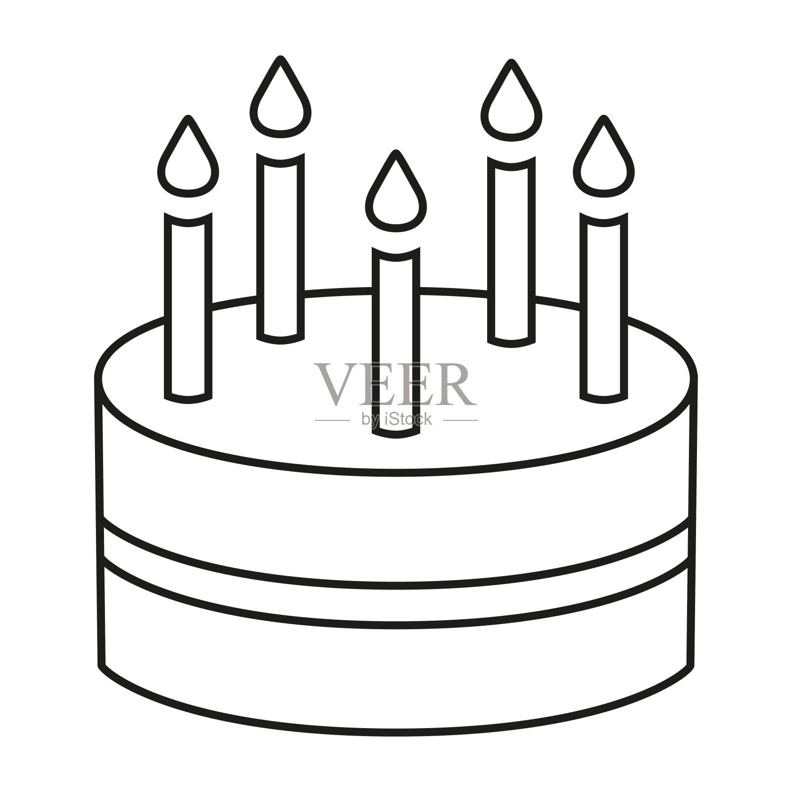 线条艺术黑白生日蛋糕5支蜡烛插画图片素材