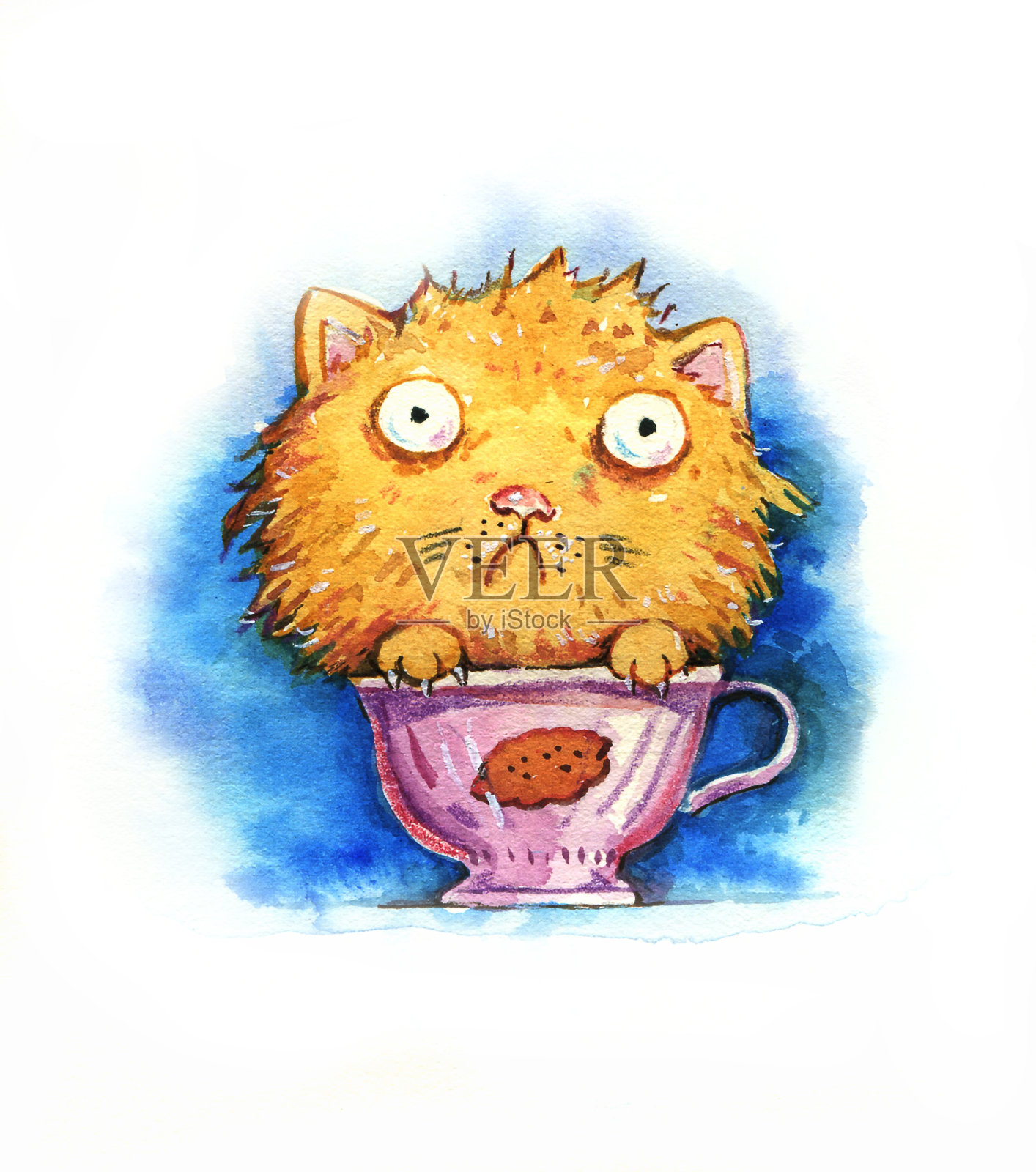 橙色的猫坐在茶杯里。手绘卡通水彩插图插画图片素材