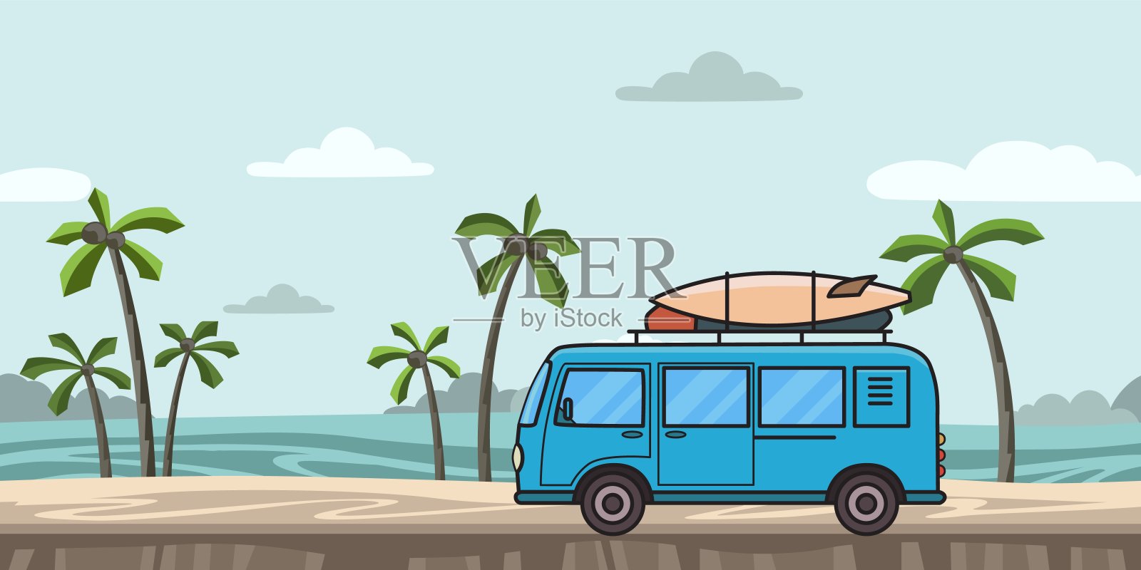 蓝色小货车与冲浪板和行李在多彩的海景背景与棕榈树和海浪。海滩上冲浪者的车。平面向量插图。水平的。插画图片素材