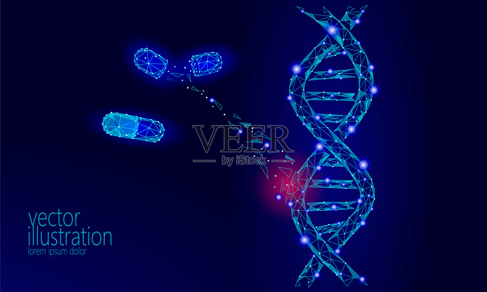 基因治疗DNA三维化学分子结构低聚。多边形三角形点线健康细胞部分。创新蓝色医学基因组工程载体，展示未来商业技术插画图片素材