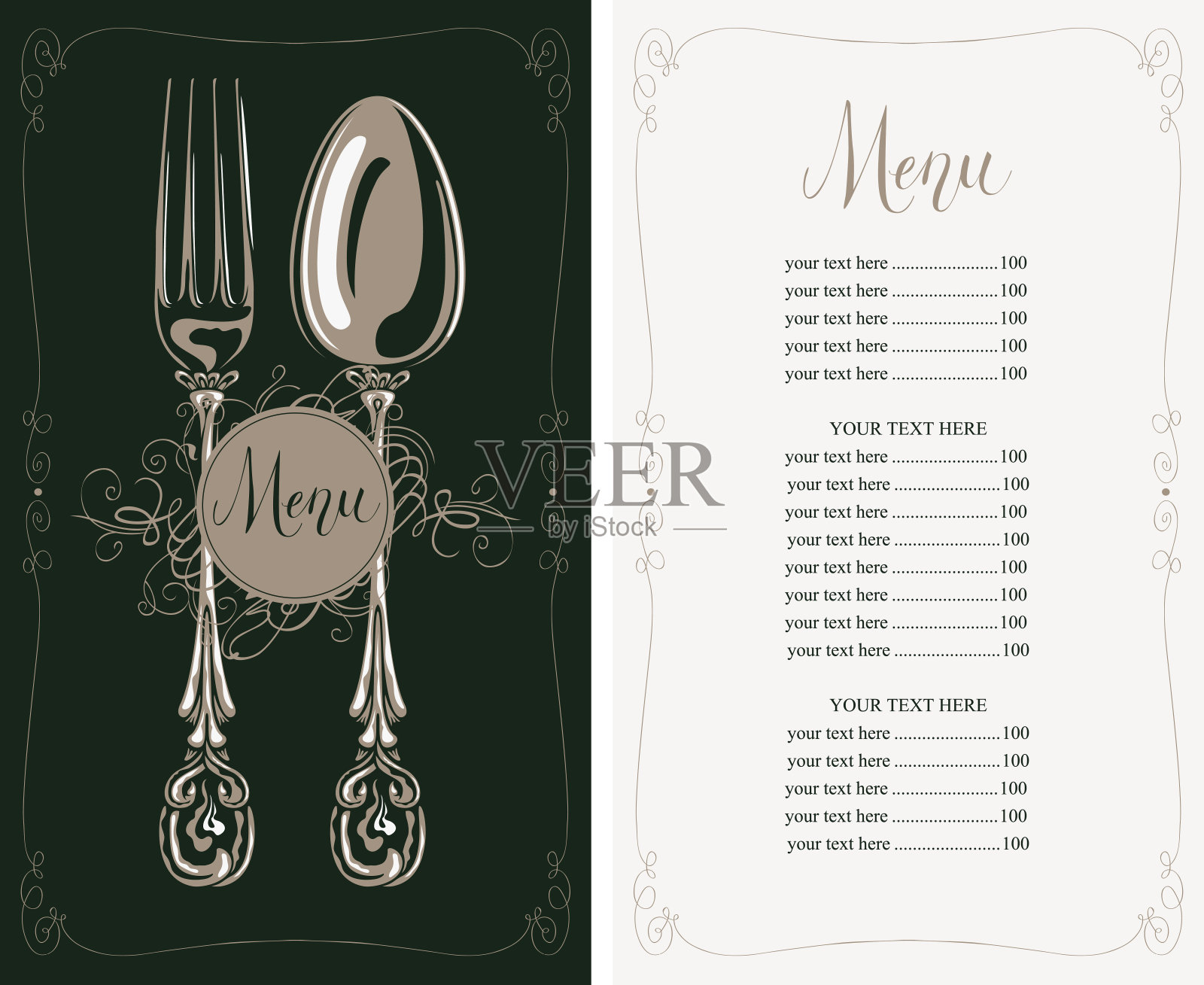 餐厅菜单，价格表，叉子和勺子设计模板素材