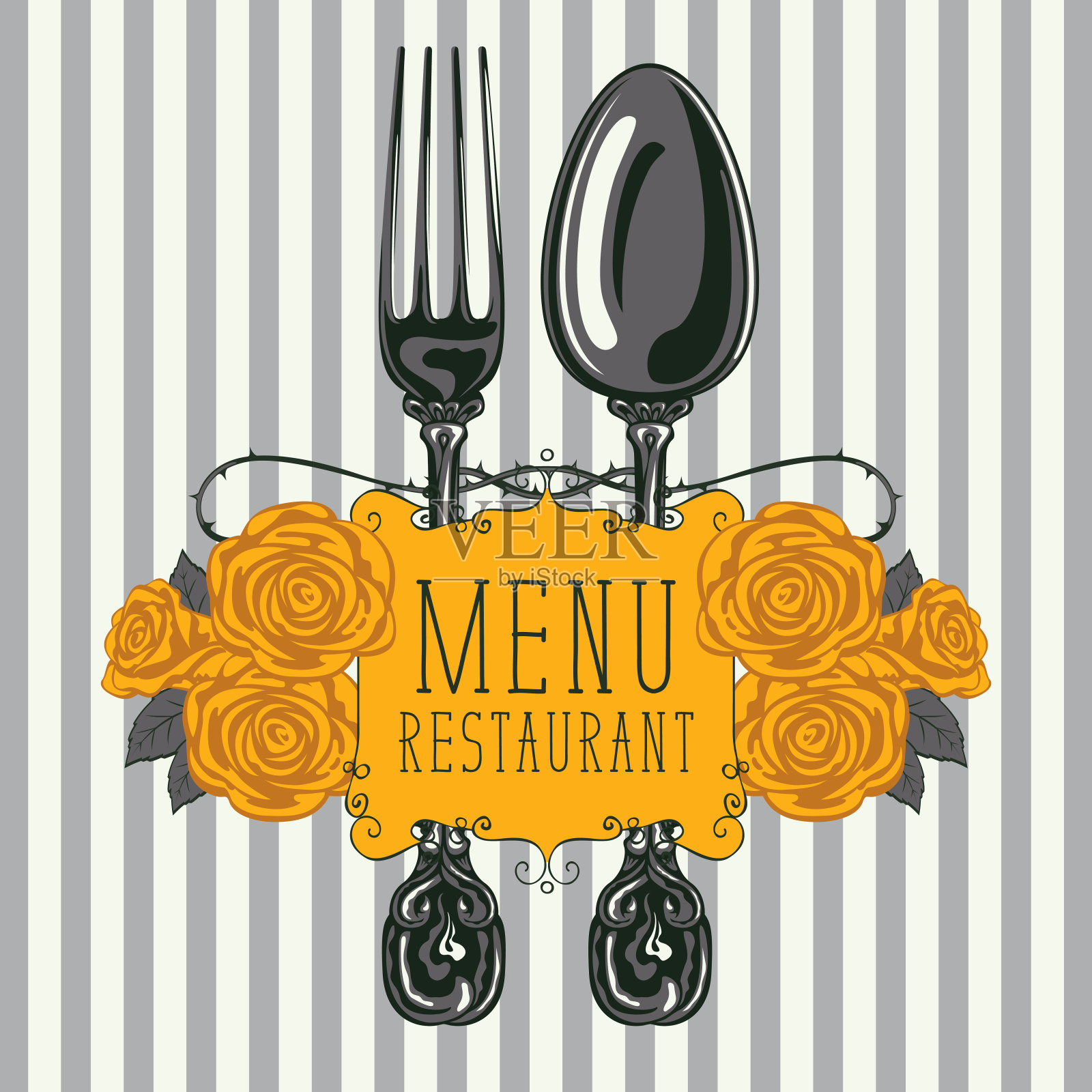餐厅菜单上有叉子，勺子和黄色玫瑰插画图片素材