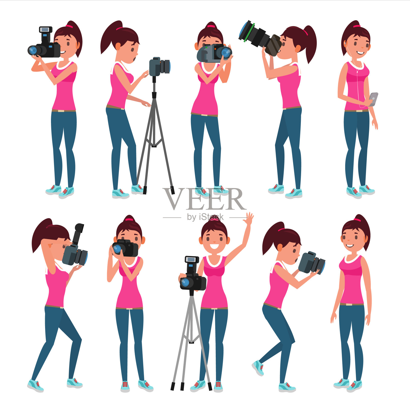 摄影师女性向量。现代照相机。摆姿势。女孩全身拍摄照片。摄影记者、旅游设计。平的卡通插图插画图片素材