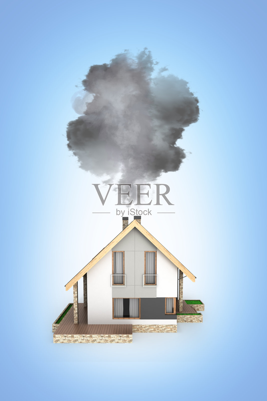 现代住宅产生大量烟雾，在蓝色渐变背景3d渲染上隔离照片摄影图片