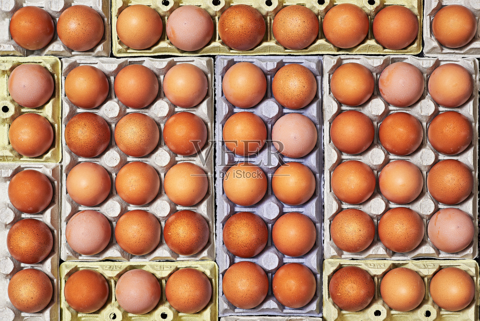 棕色的鸡蛋放在不同颜色的蛋盒上。照片摄影图片