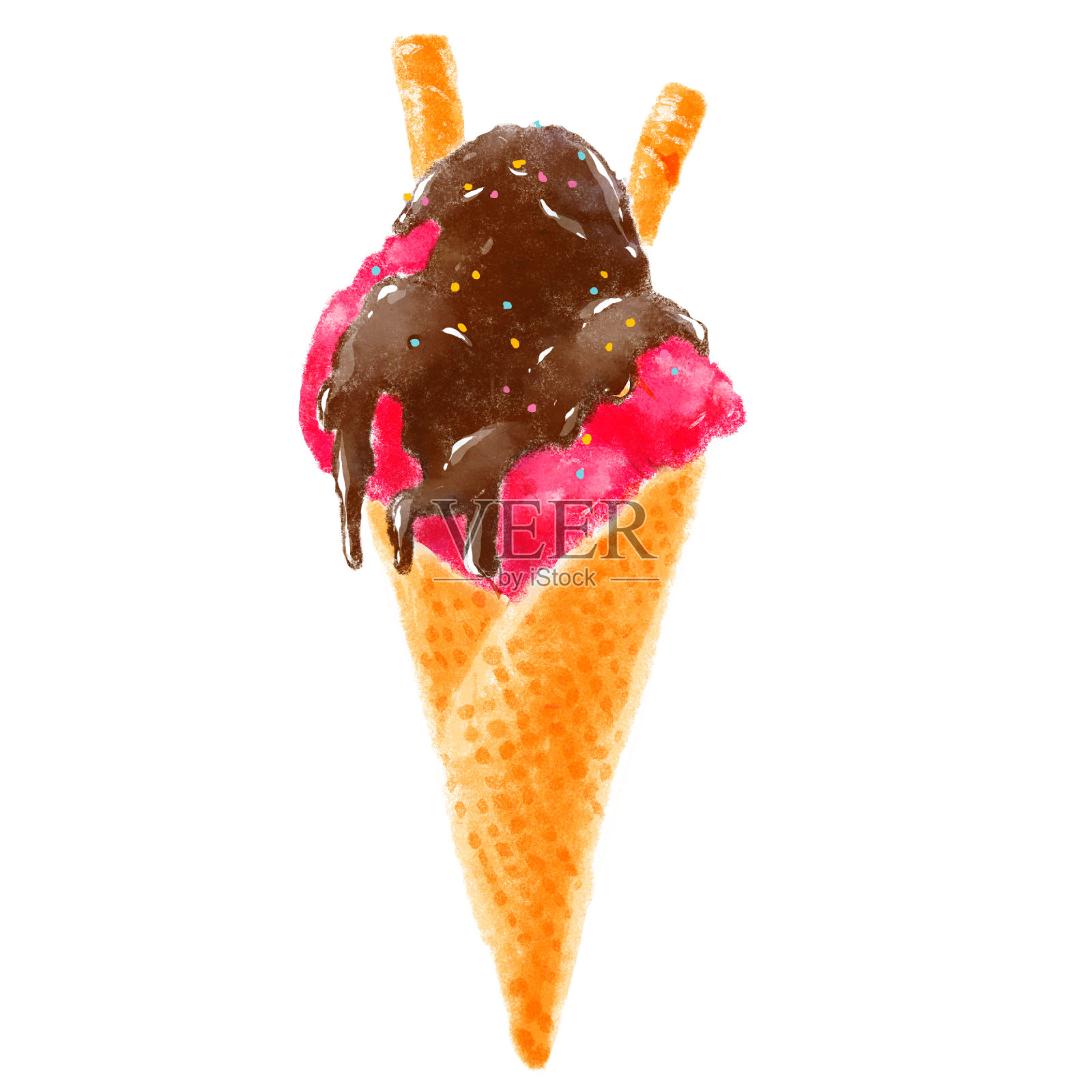 美味多彩的华夫蛋筒冰淇淋孤立在白色的背景。草莓冰淇淋配巧克力和脆皮华夫饼棒。最喜欢的夏季款待。插画图片素材