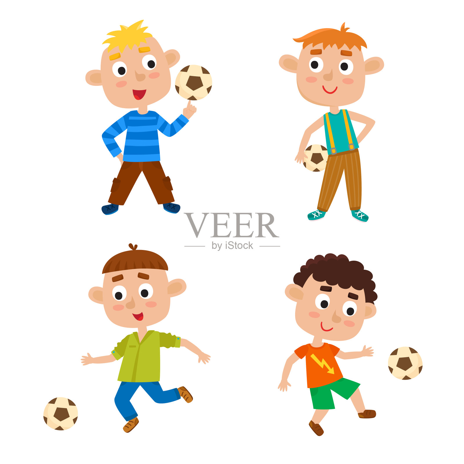 矢量插图的小男孩踢足球卡通风格插画图片素材