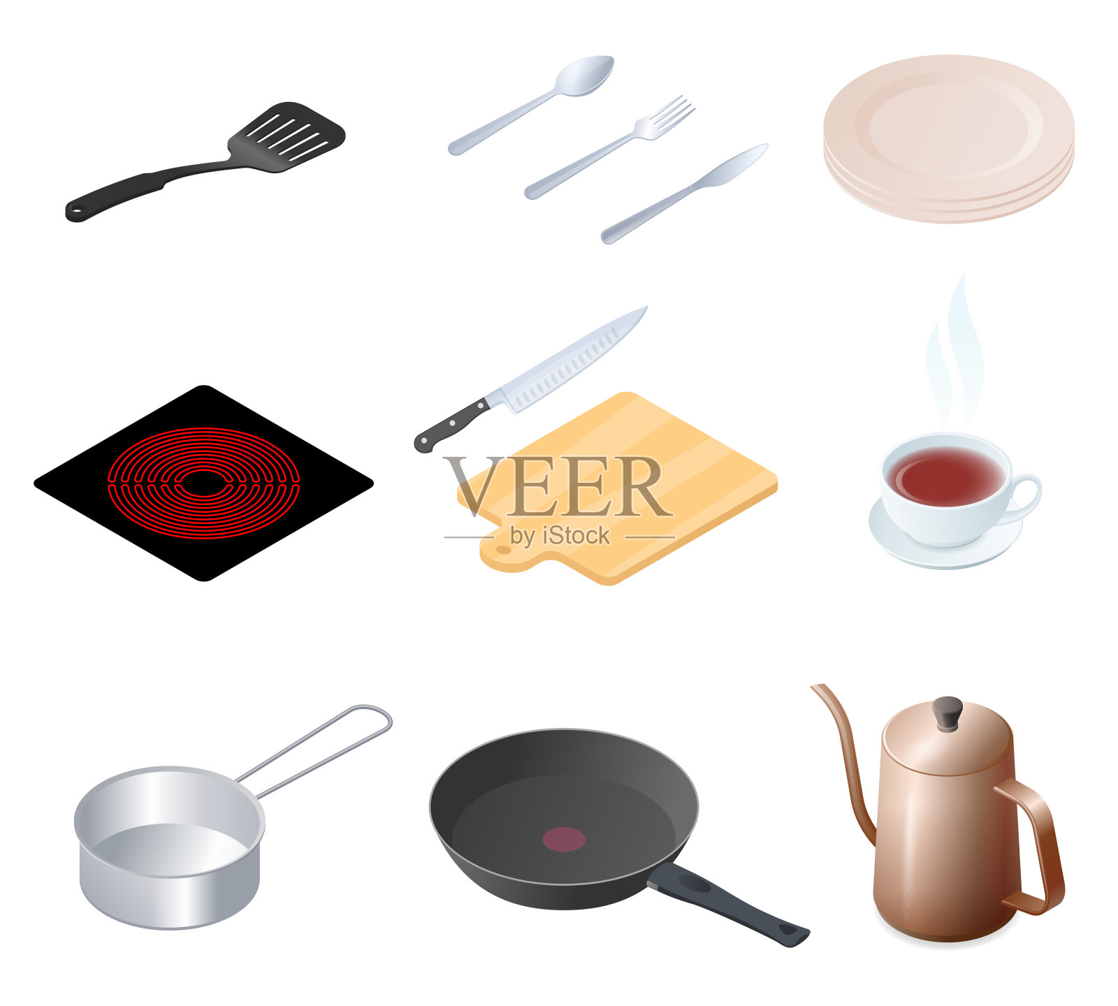 平面等距图厨房用具，厨房用具，炊具套装1。插画图片素材