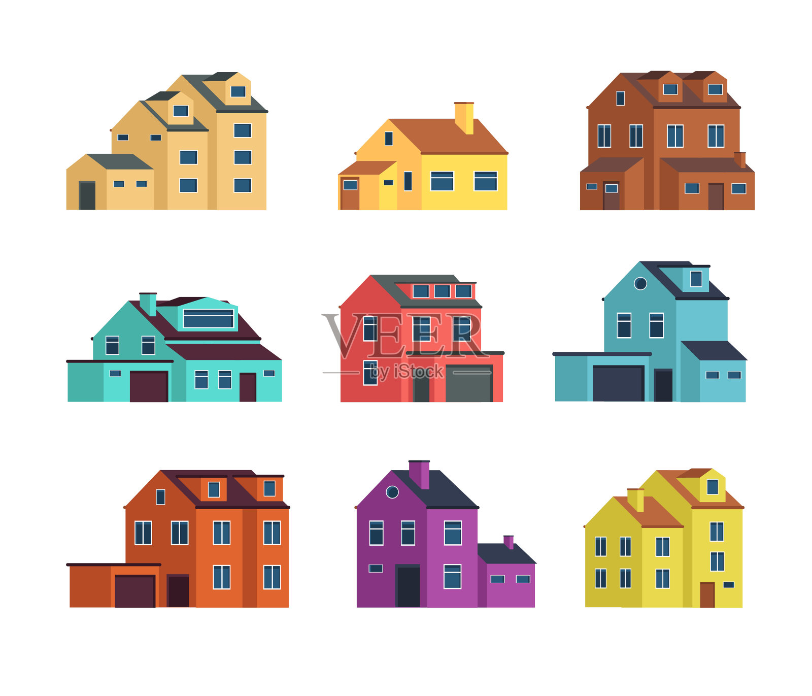 房子前视图。城市和郊区住宅，城镇建筑和小屋住房。孤立的矢量图插画图片素材