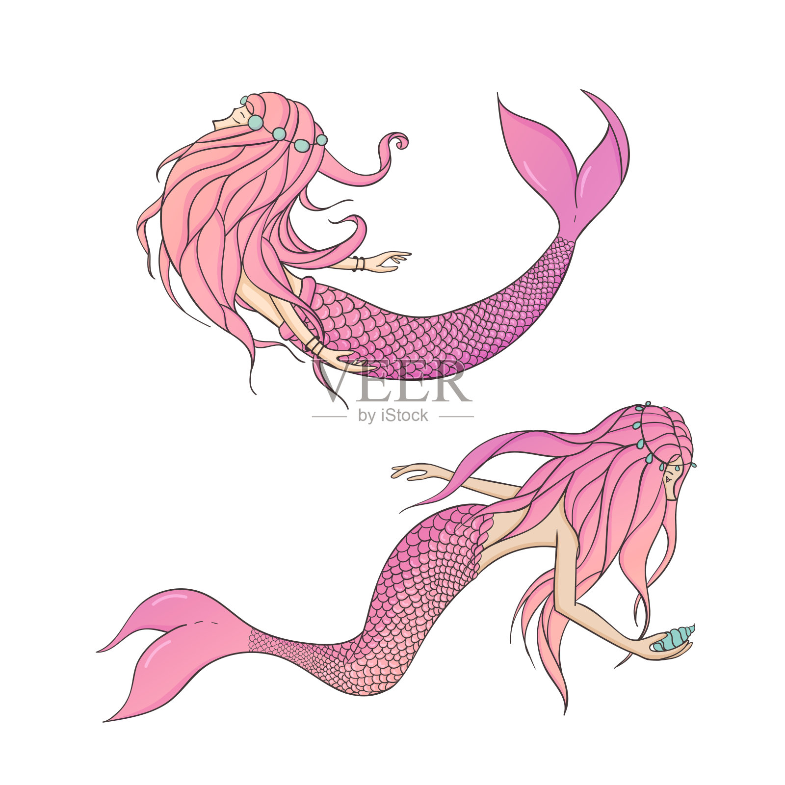 一组粉色矢量美人鱼。神秘的海洋生物插画图片素材