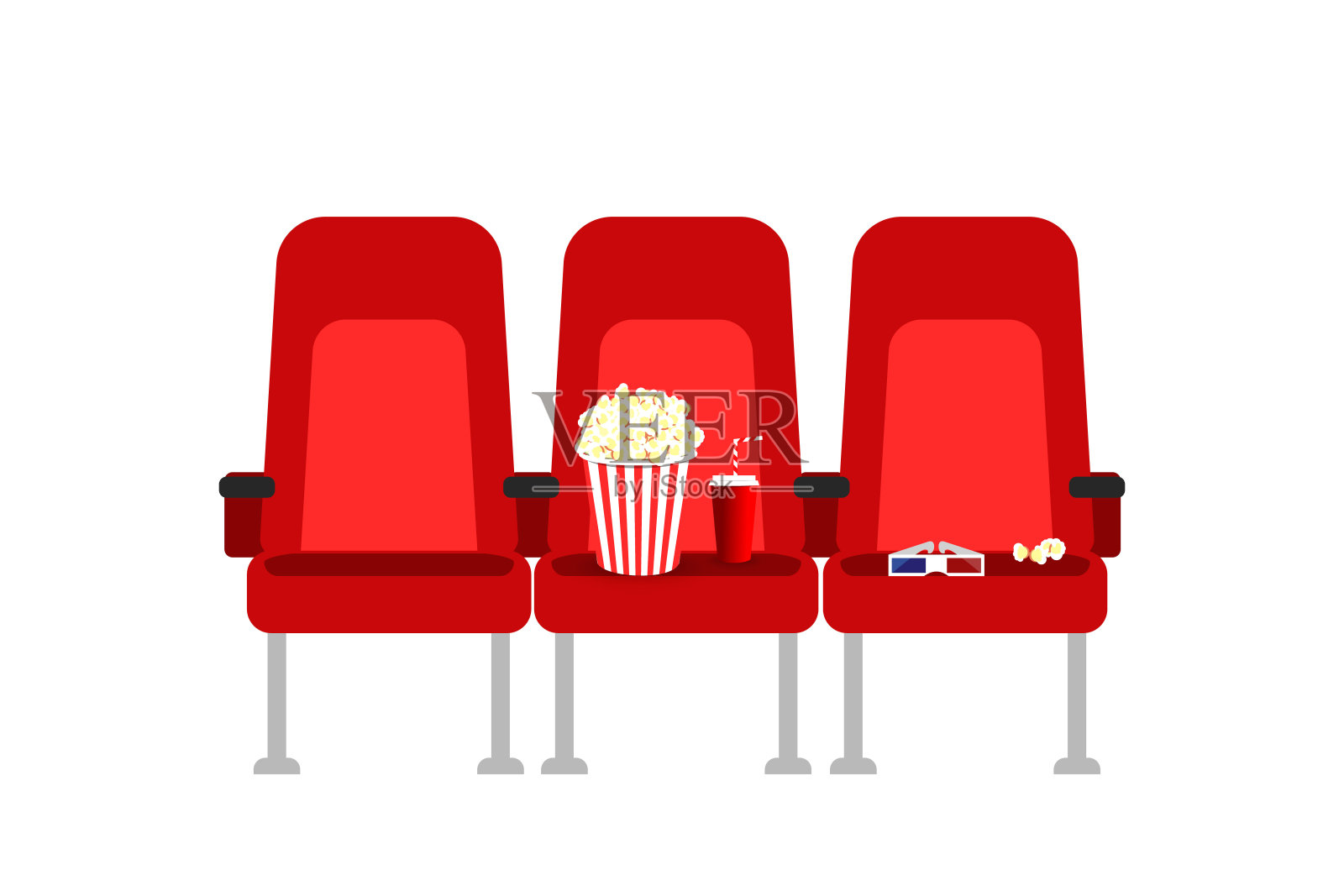 有爆米花、饮料和玻璃杯的电影院座位。平面卡通影院座椅插图。电影电影首映式海报概念设计。显示时间插画图片素材