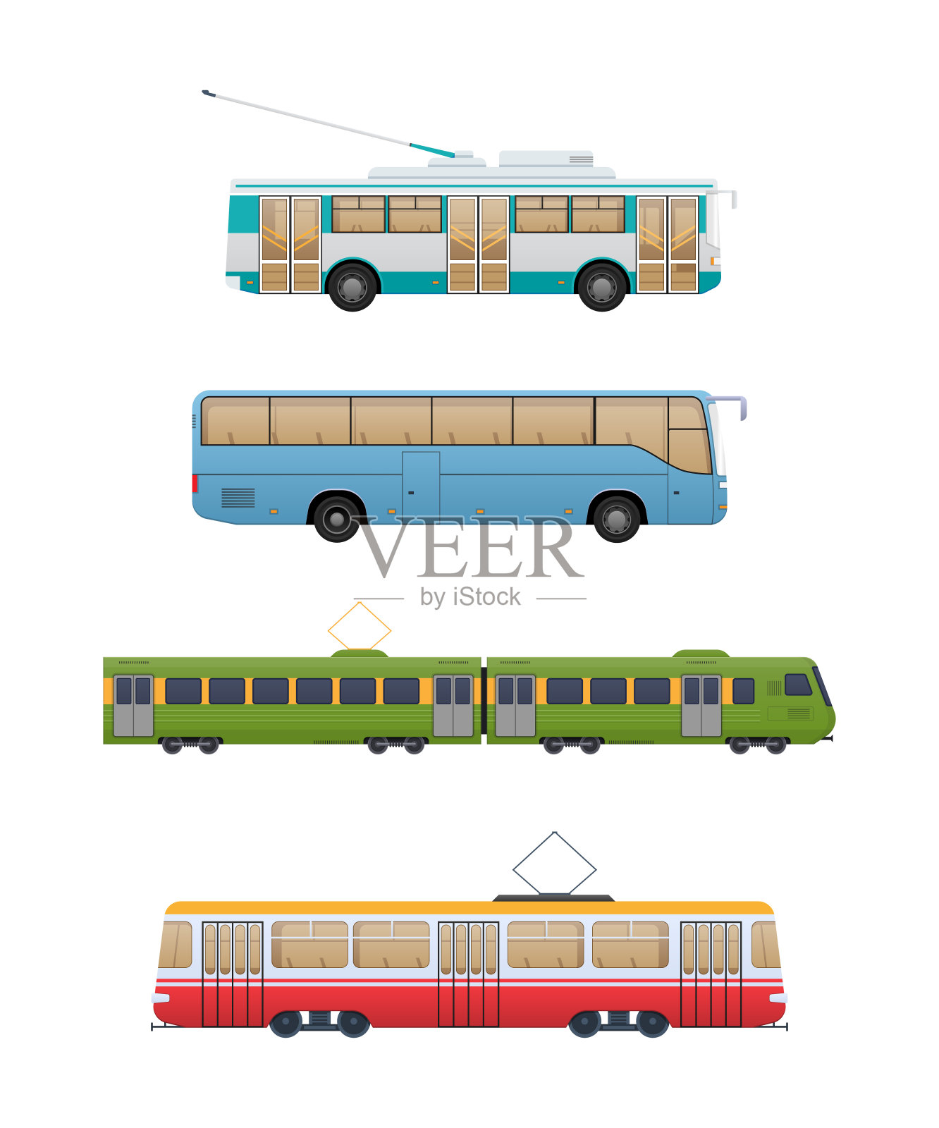 一套城市路线运输。无轨电车，穿梭巴士，火车，有轨电车插画图片素材