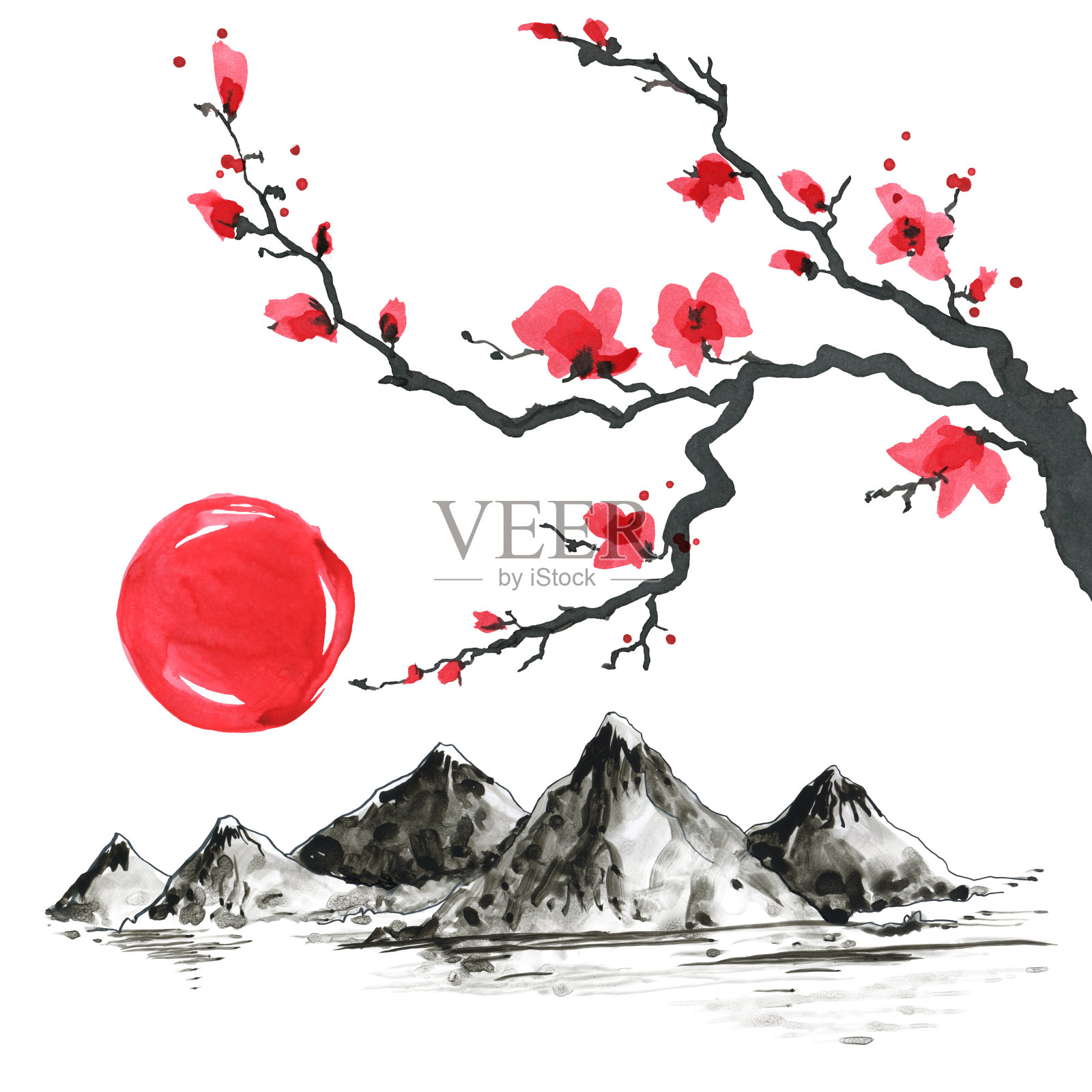 日本风格的树枝。水彩手绘插画插画图片素材