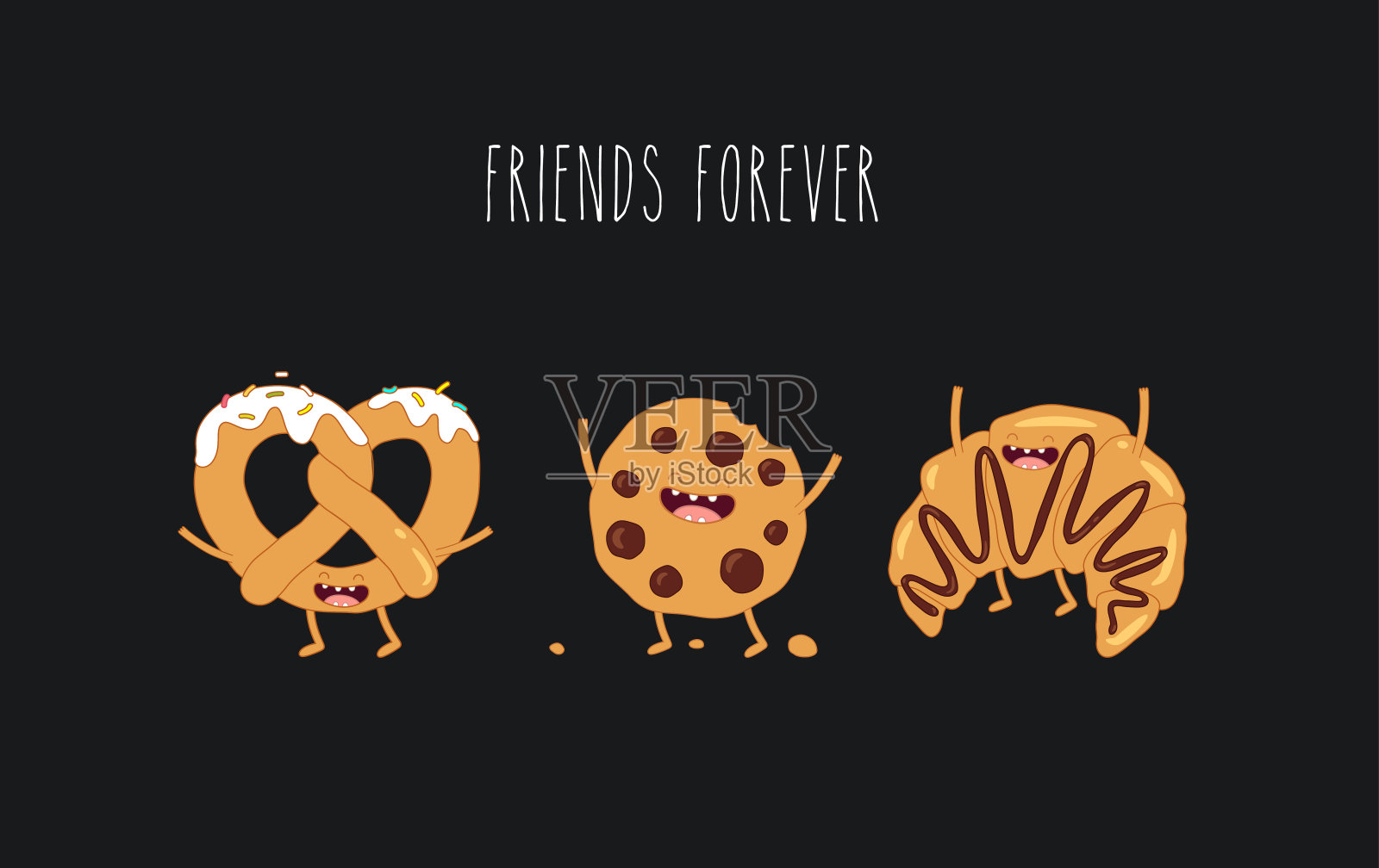 牛角面包、椒盐卷饼和饼干朋友插画图片素材