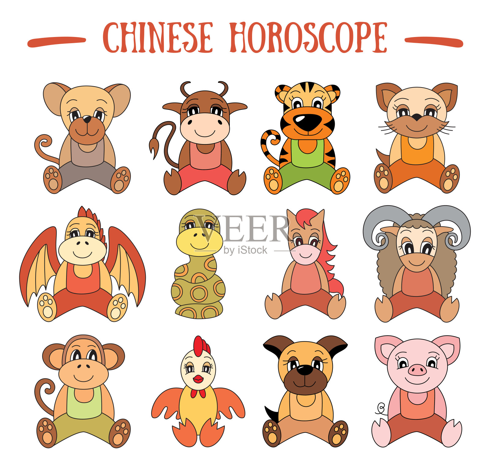 按照中国的属相集合。黄道十二宫。猪、鼠、牛、虎、猫、龙、蛇、马、羊、猴、鸡、狗。儿童卡通动物。一年的象征。2019年、2020年、2021年、2022年插画图片素材