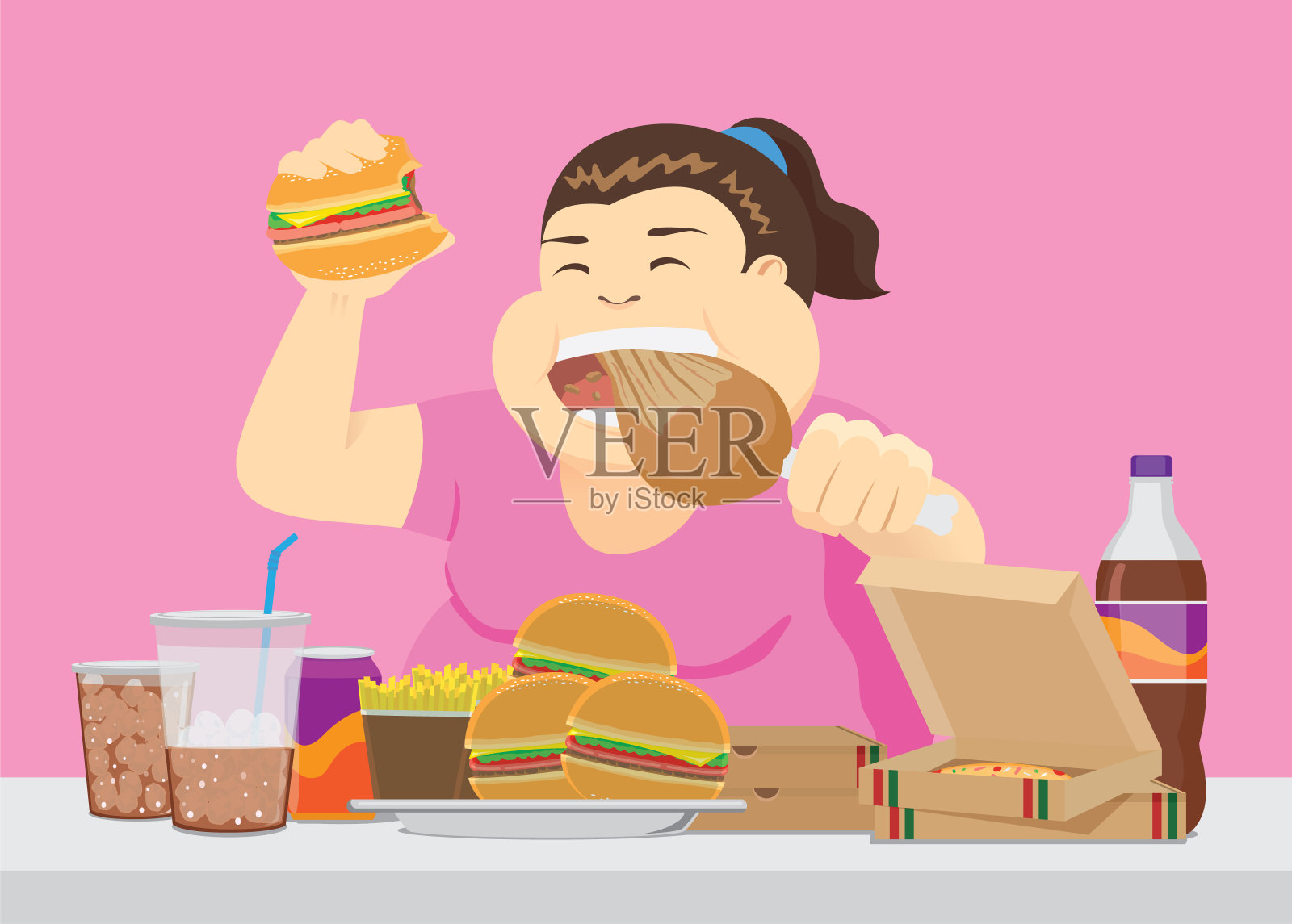 胖女人喜欢桌上有很多快餐。插画图片素材
