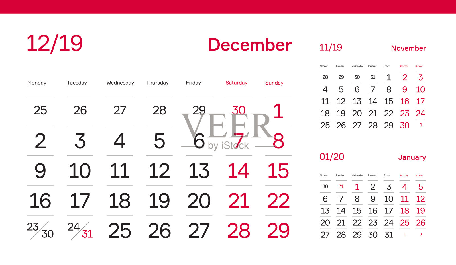 去年12月页面。高级2019年日历网格12个月。表，墙，书桌，季度日记日历2019年设计。干净，简单的日记计划。向量,可编辑。白色背景和红色字体。设计模板素材