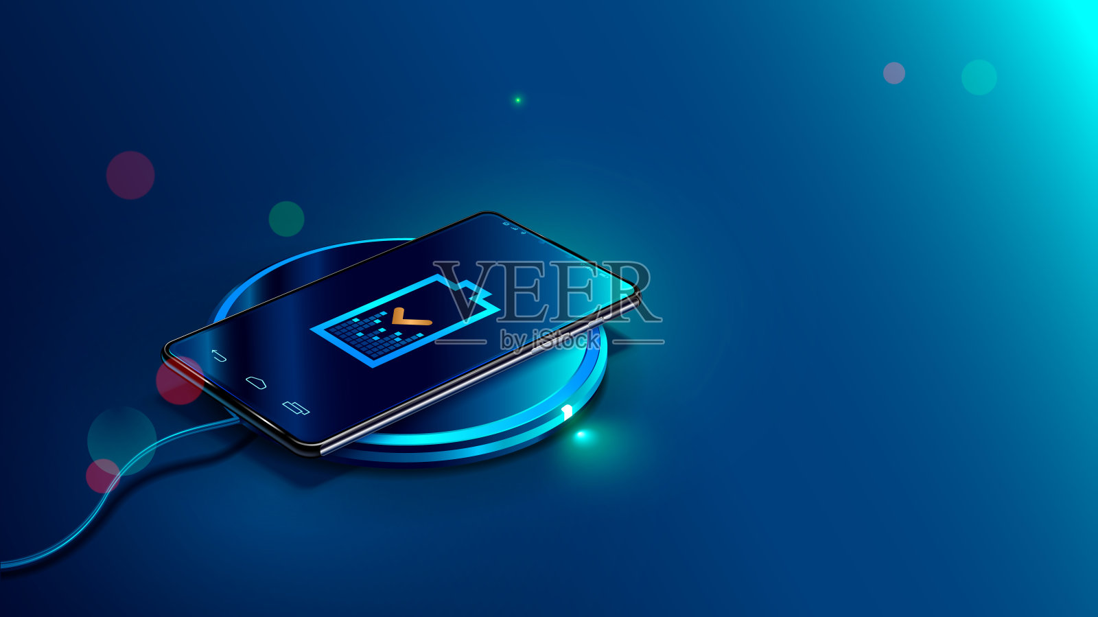 黑色智能手机无线充电设备在蓝色背景。智能手机屏幕上的图标电池和充电进度照明。等距矢量插图。插画图片素材