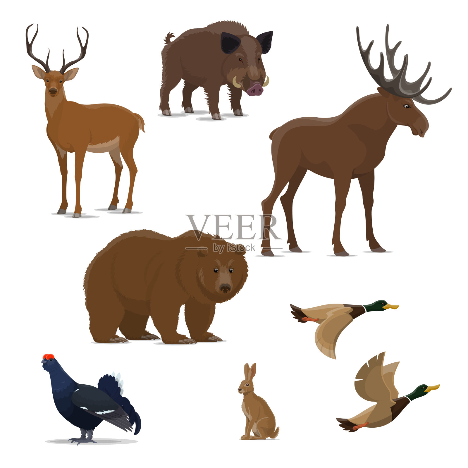 野生森林动物和鸟类狩猎运动的象征插画图片素材