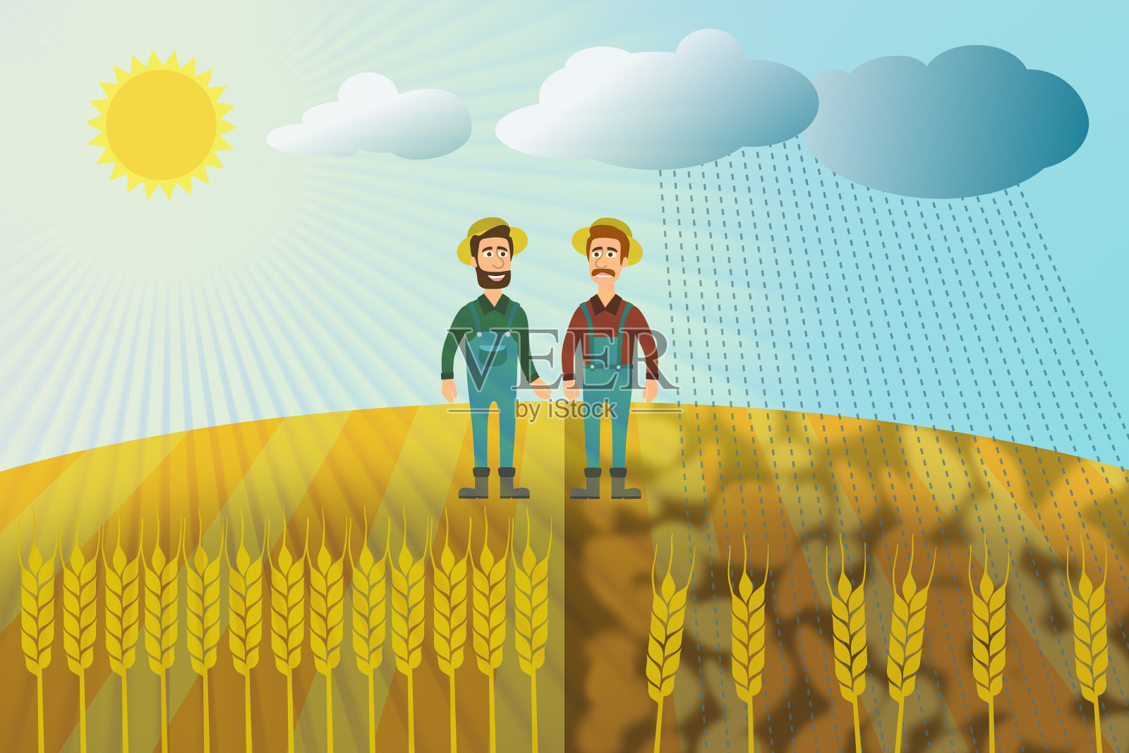 小麦收获-两个农民在麦田里插画图片素材