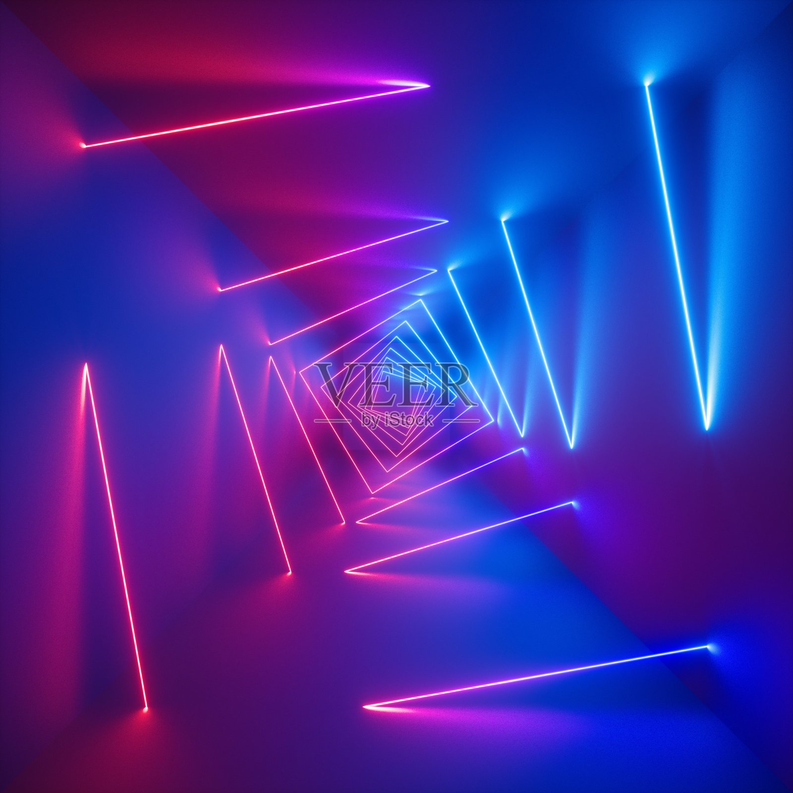3d渲染，紫外光谱，发光线，蓝色粉色霓虹灯，抽象迷幻背景，方形走廊，隧道透视，充满活力的色彩插画图片素材