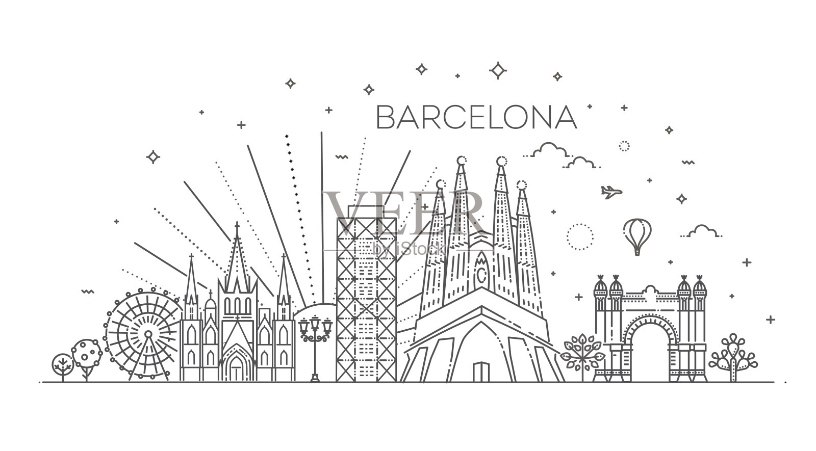 西班牙巴塞罗那的轮廓,插画图片素材