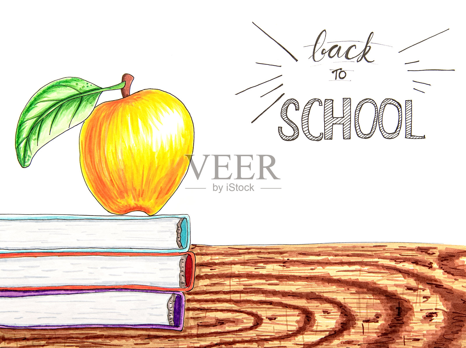 回到学校白色的背景与书籍，苹果和字母回到学校手绘插图插画图片素材