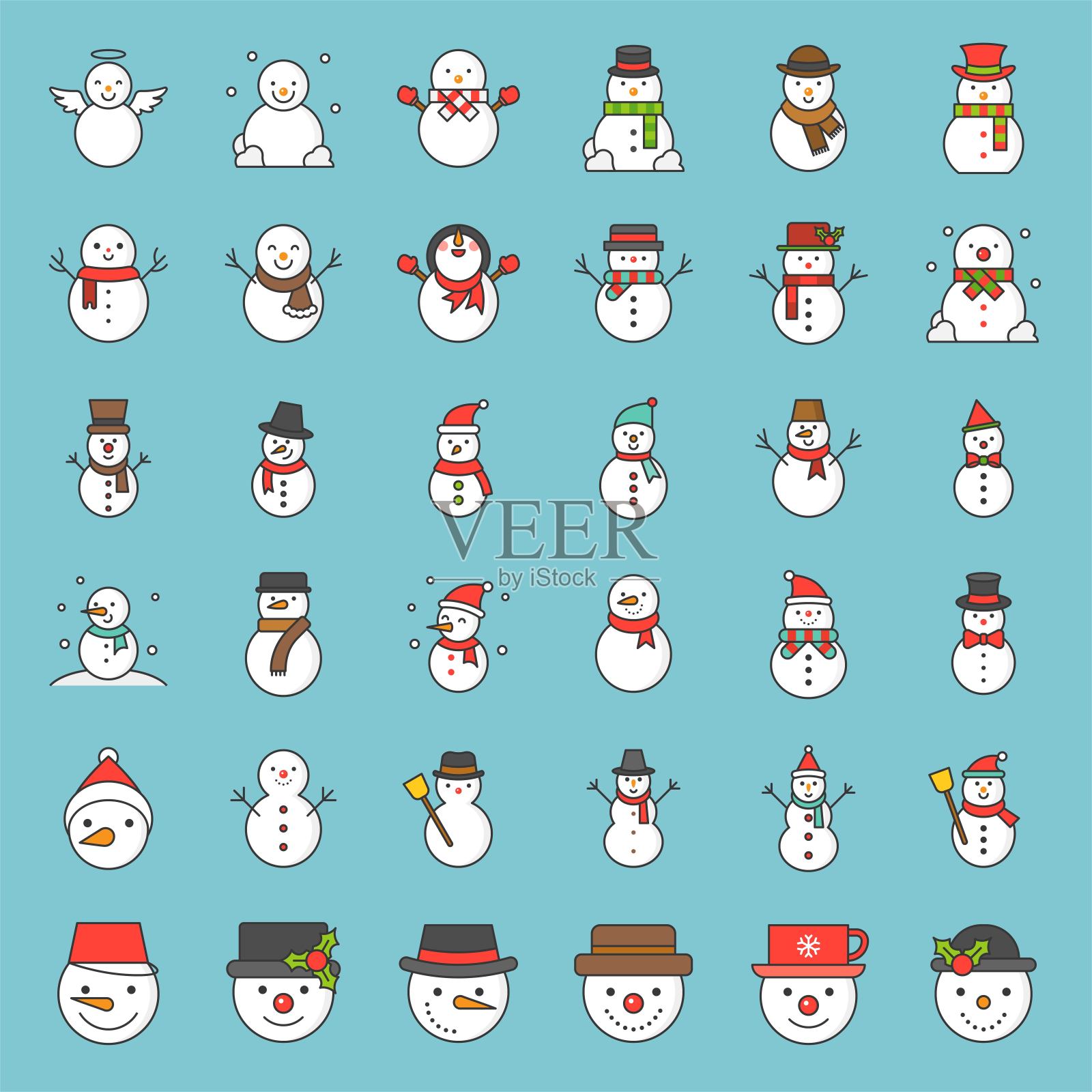 可爱的雪人在各种各样的设计与帽子，茶杯，围巾和圣诞帽，填充轮廓图标设计元素图片