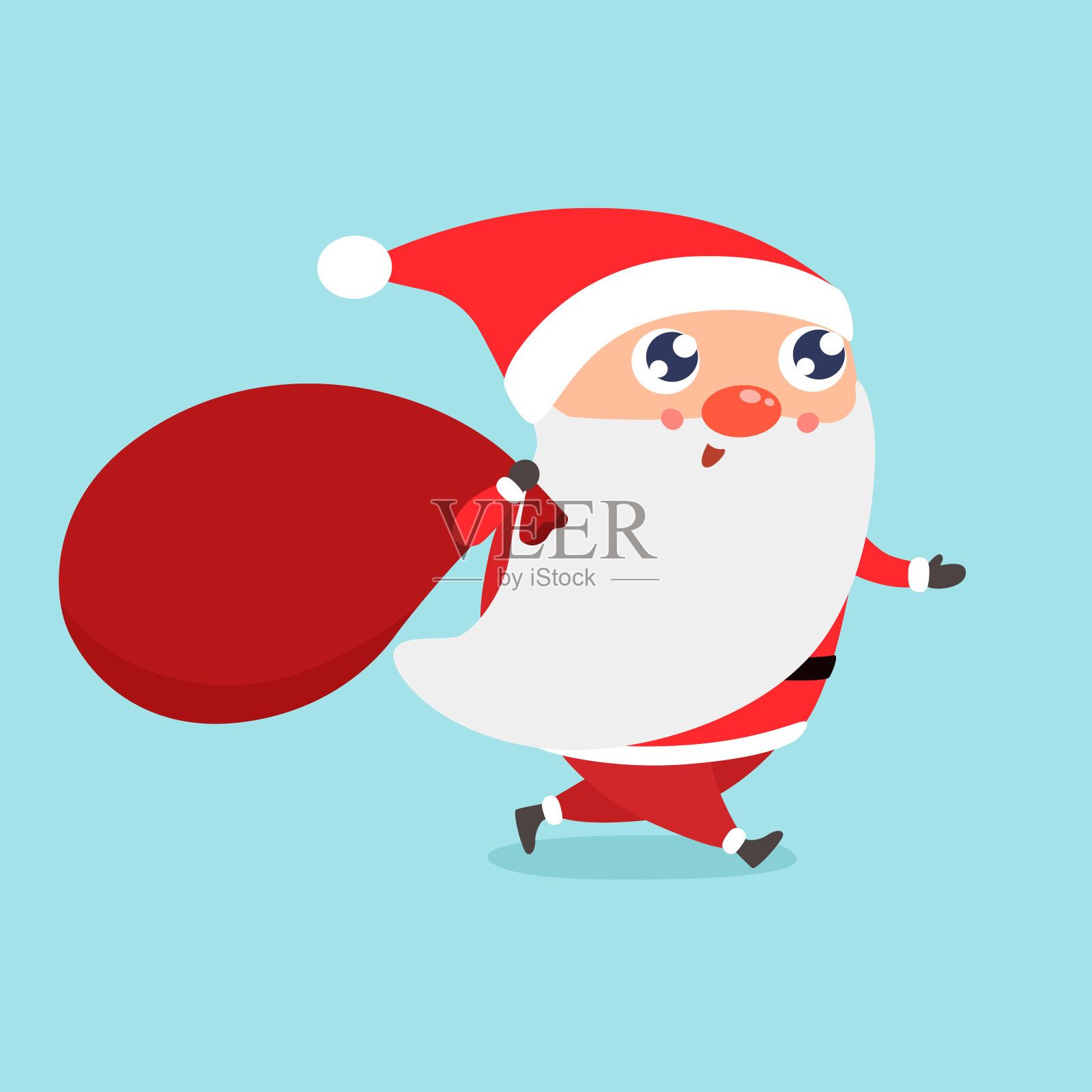 圣诞老人来了。可爱的圣诞老人与巨大的红色袋子与礼物矢量插图。插画图片素材
