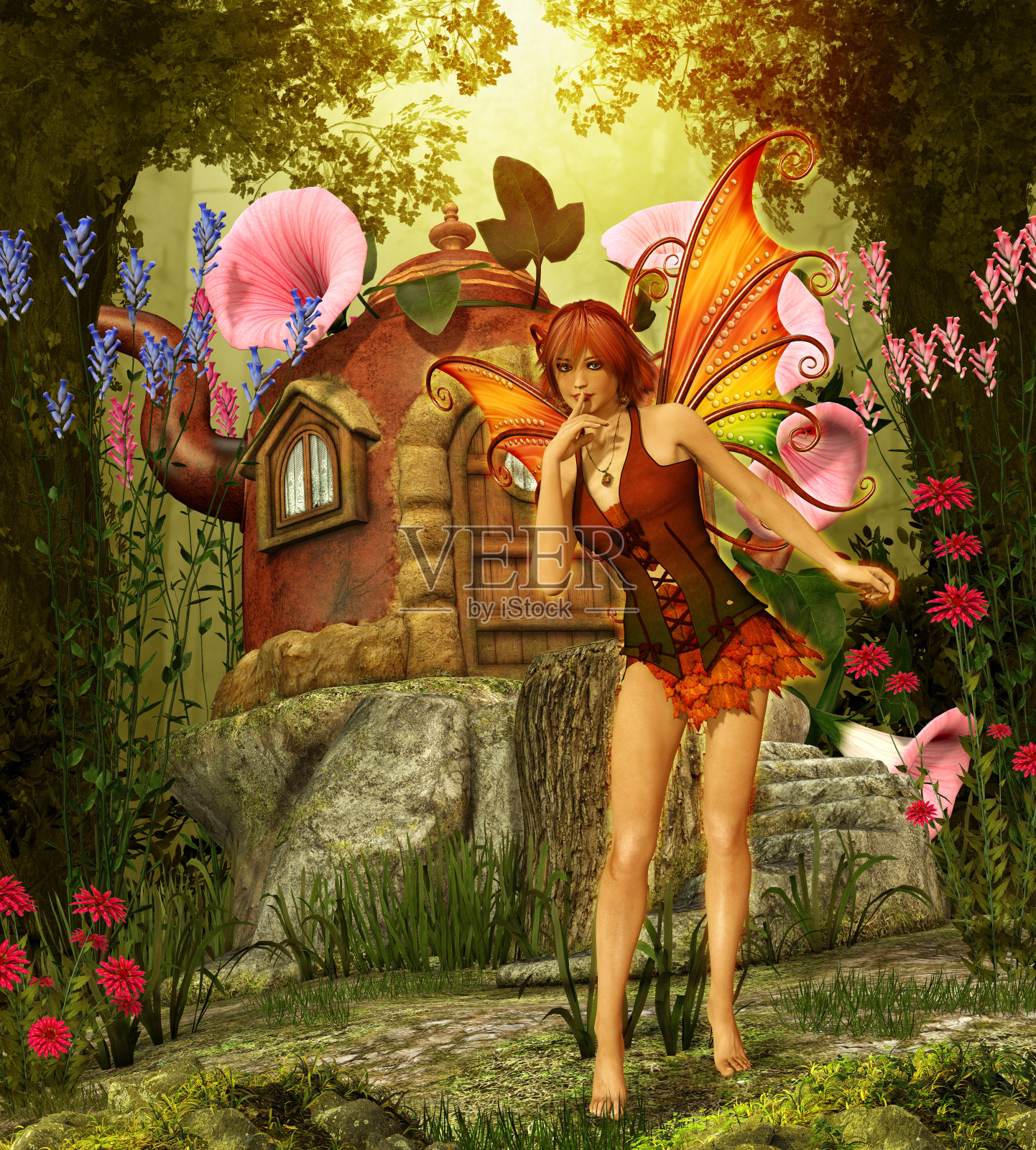 神奇仙女站在茶壶家门口插画图片素材
