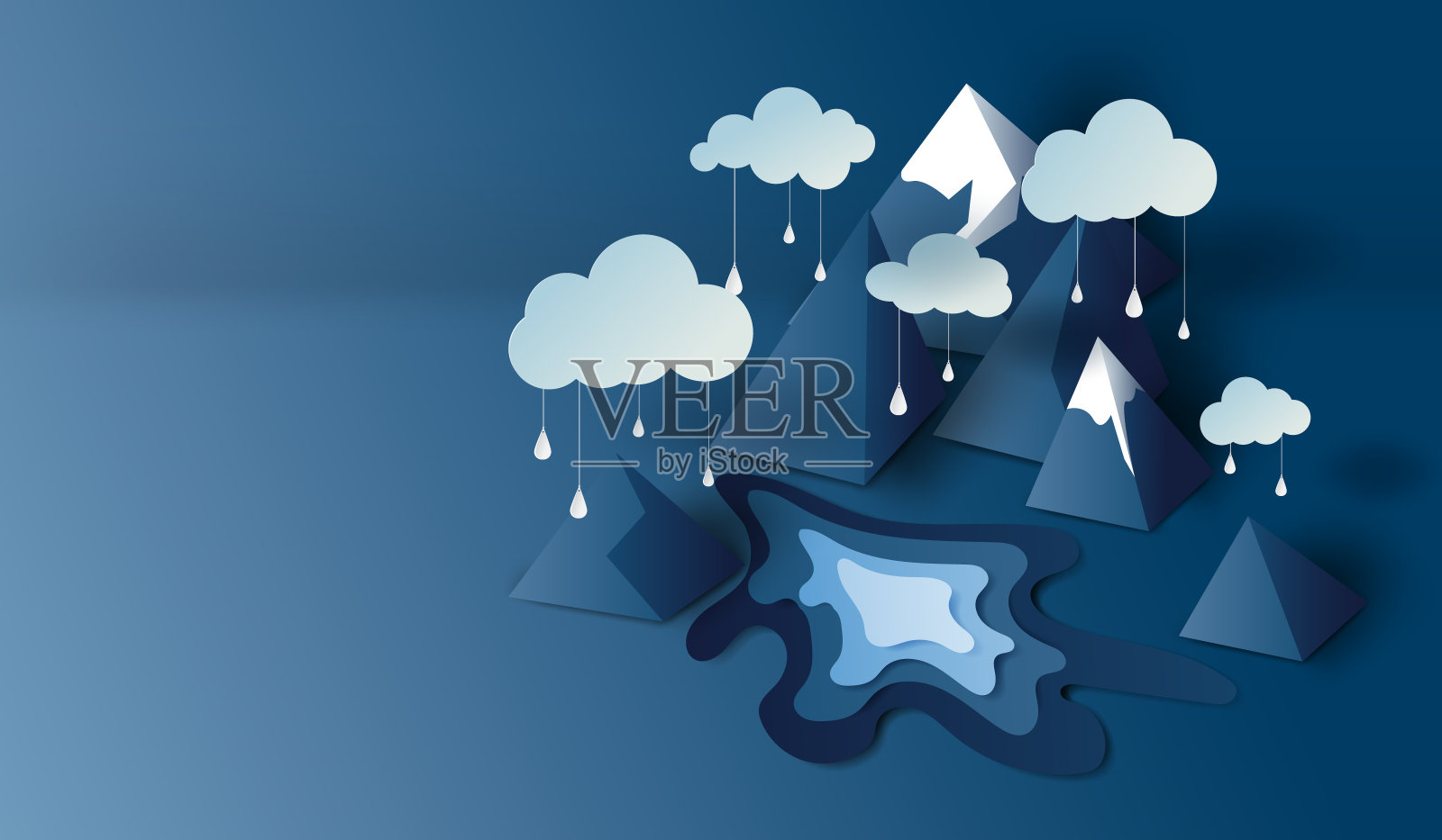 山景与雨季背景，3d纸艺术和工艺，矢量插画图片素材