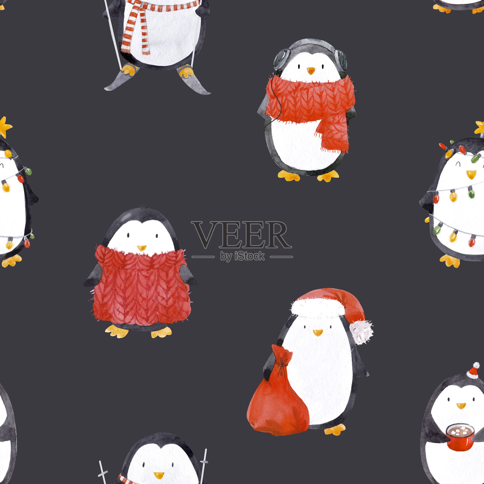 水彩圣诞小企鹅图案插画图片素材