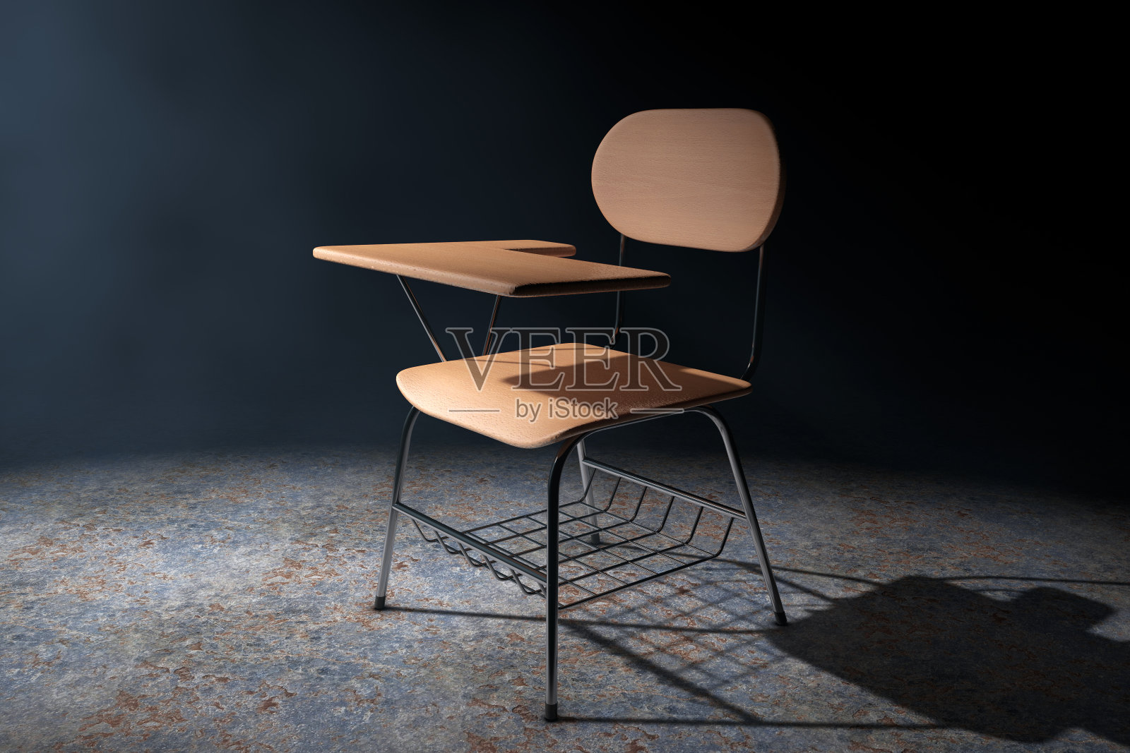 木质讲座学校或大学课桌与椅子在体积光。3d渲染照片摄影图片