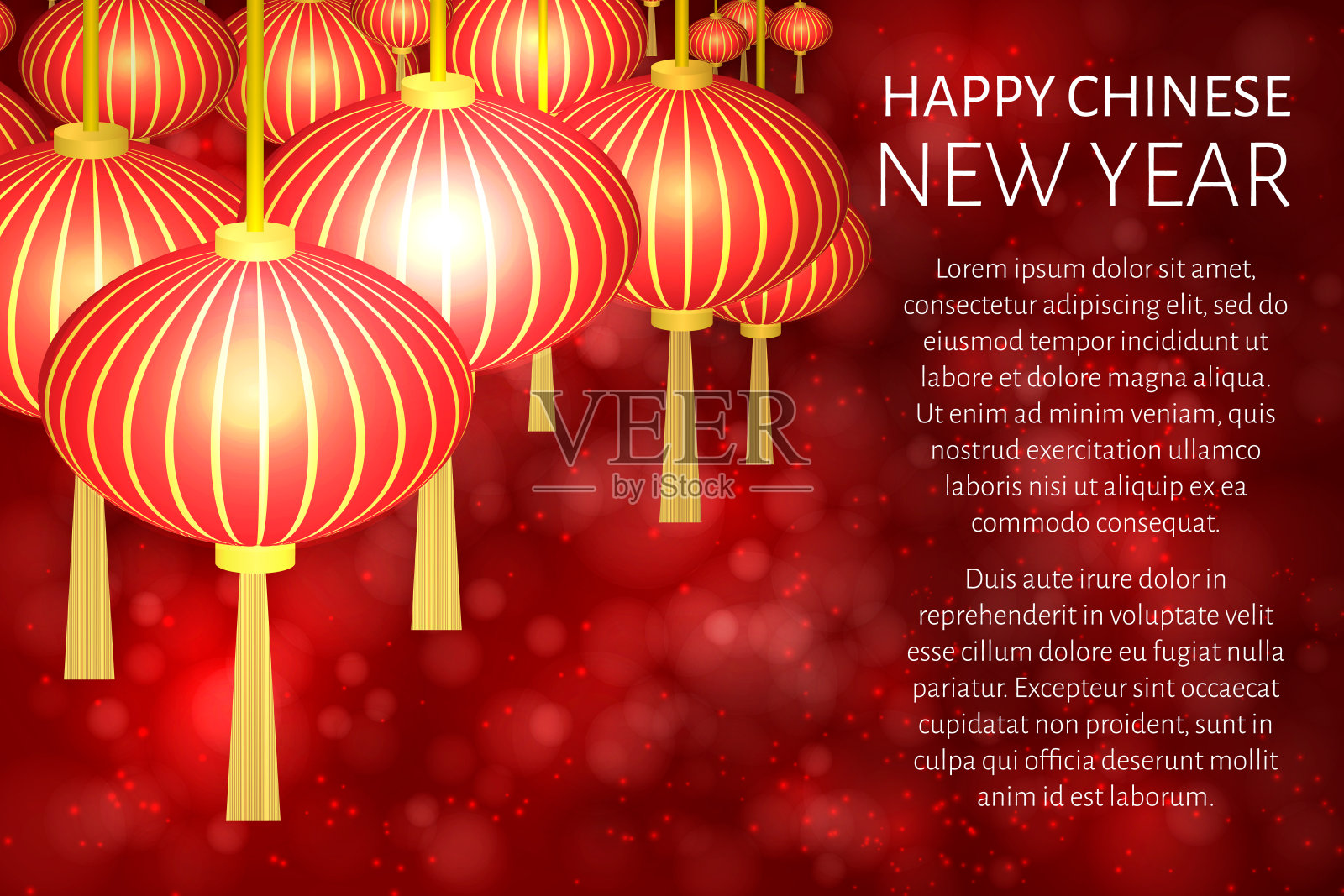 中国新年矢量插图与传统灯笼在深红色的散景背景。易于编辑您的项目设计模板。可用作贺卡、横幅、请柬等。插画图片素材
