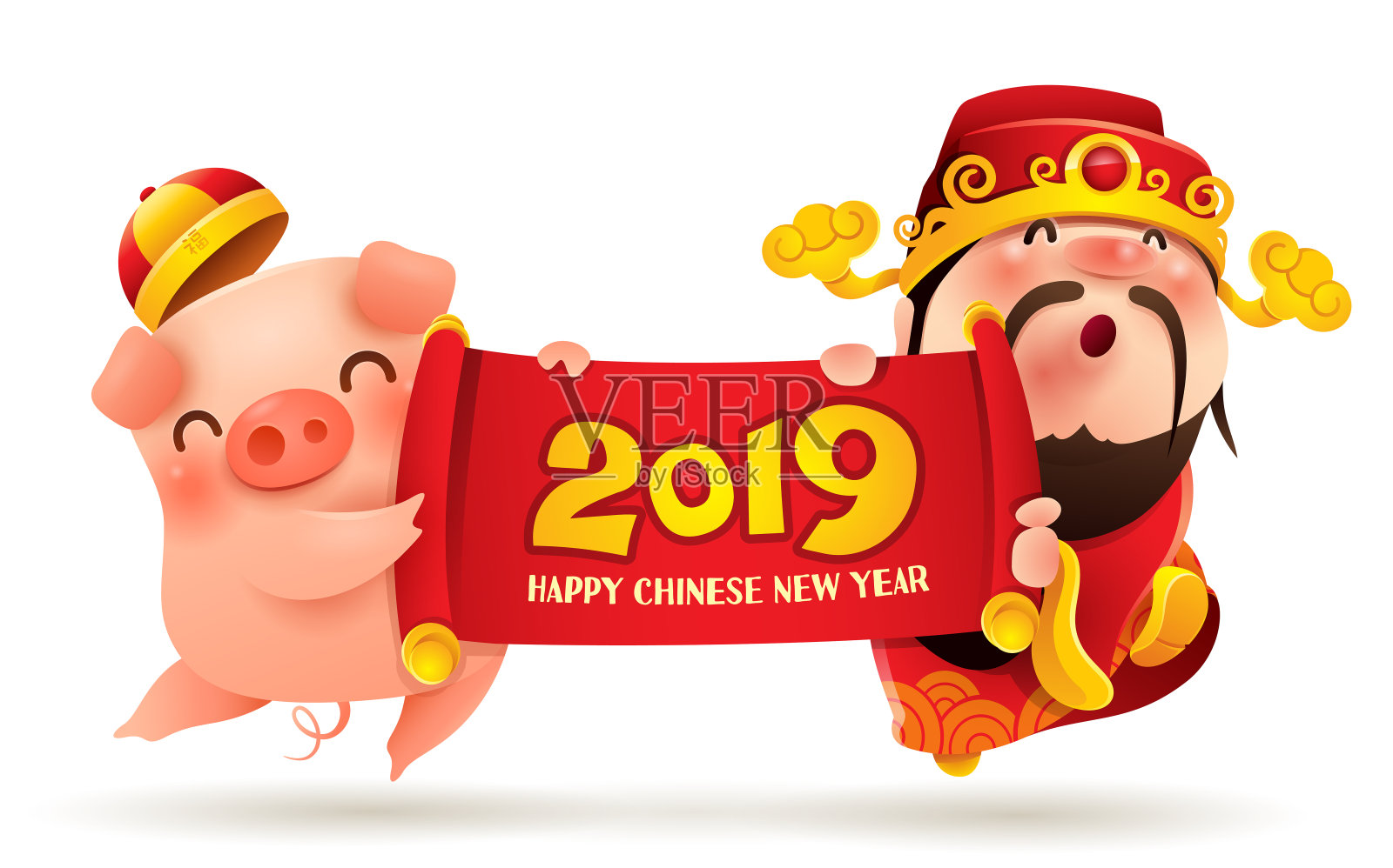 中国的财神和小猪。中国新年。猪年到了。插画图片素材