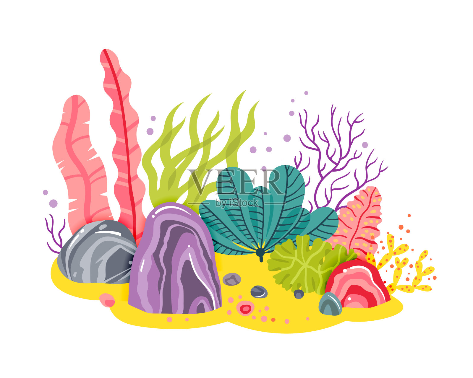 背景有海底，珊瑚，珊瑚礁，海藻。矢量抽象插图的水下景观在一个卡通风格设计元素图片