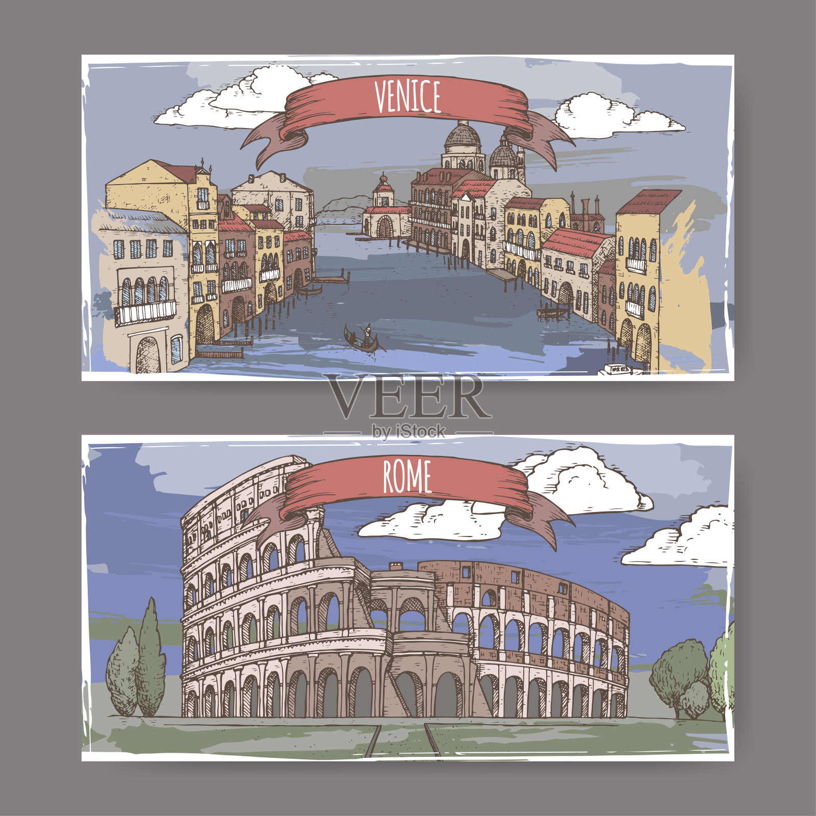 意大利威尼斯大运河和罗马斗牛场的两幅彩色复古旅游横幅。设计模板素材