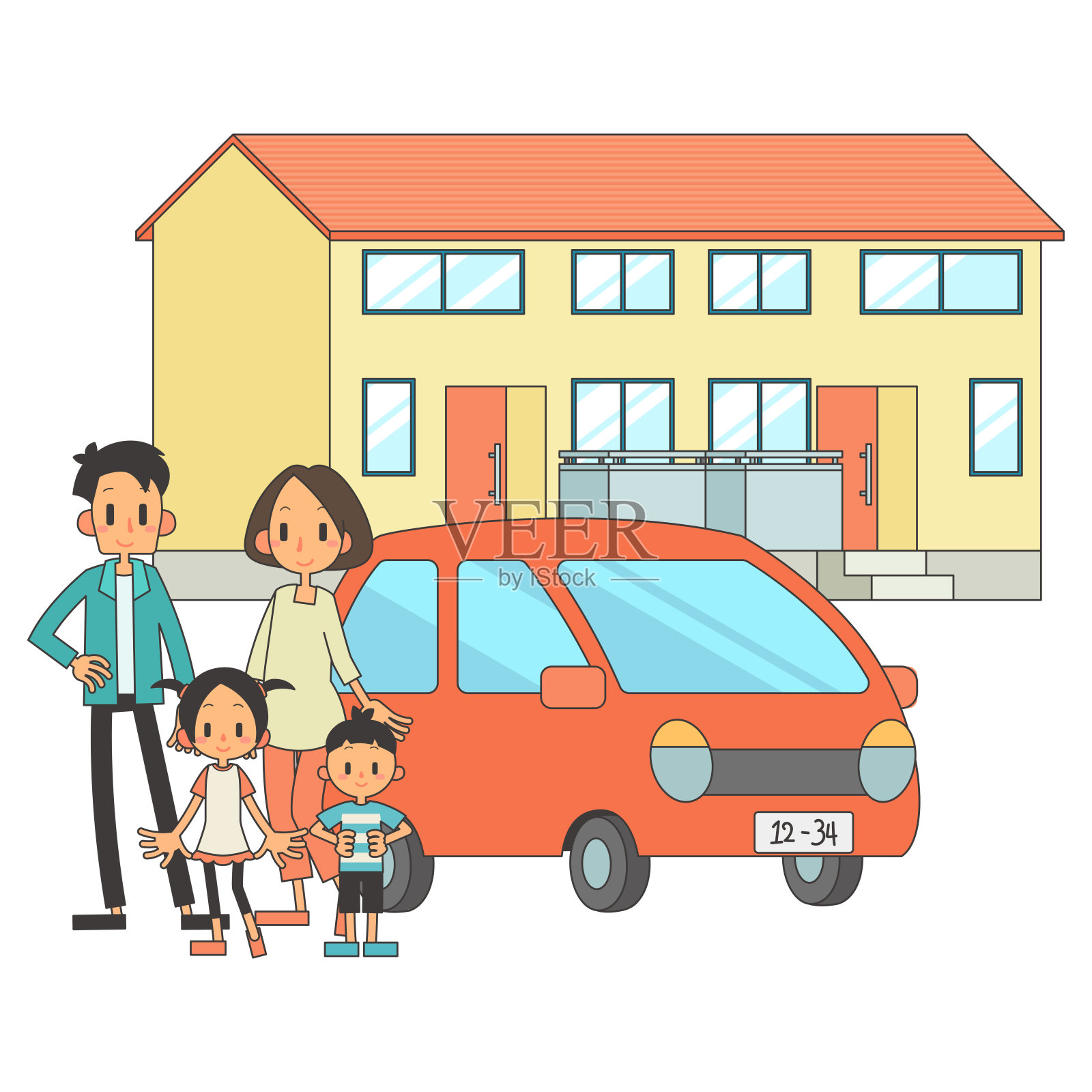 两代家庭、汽车、房屋插图插画图片素材