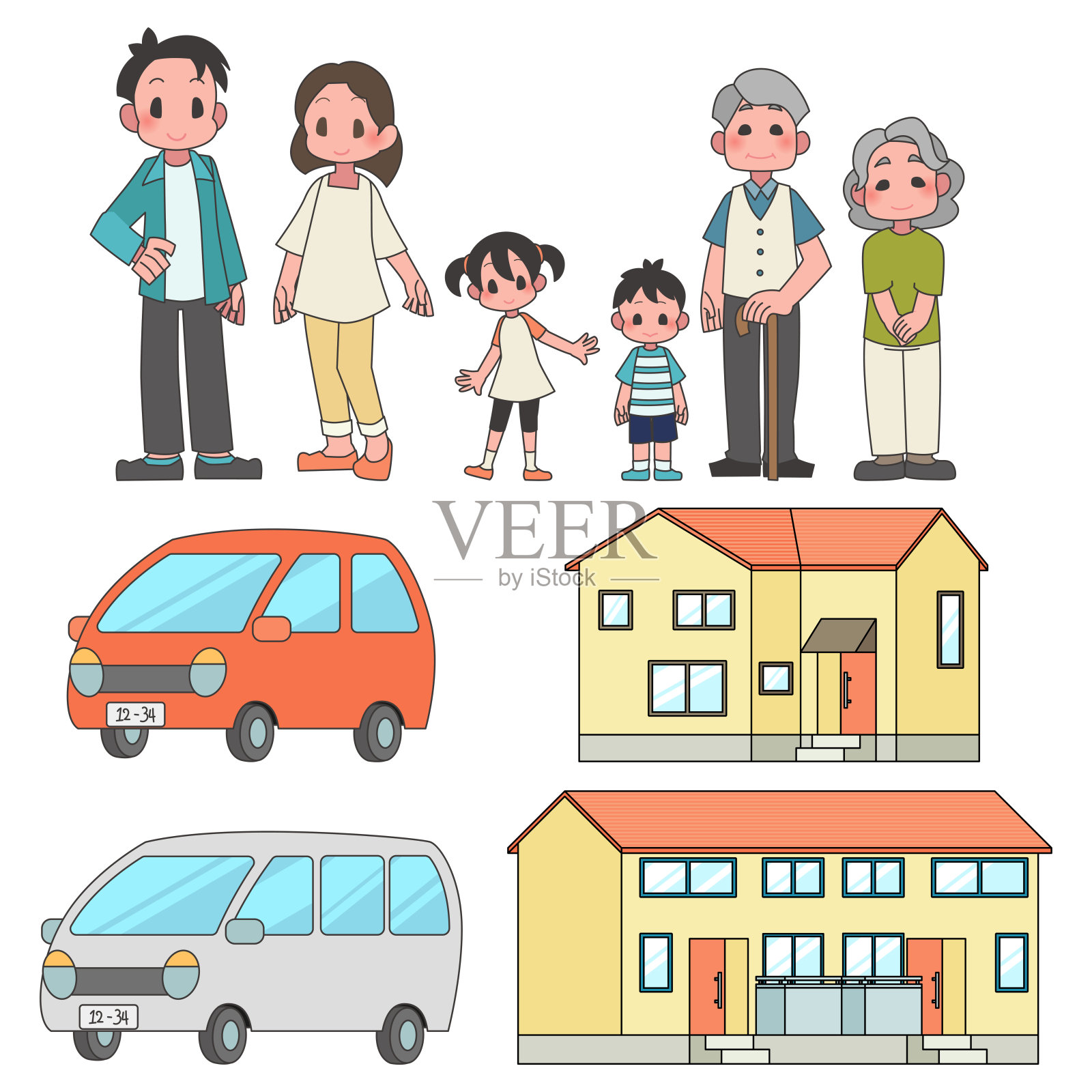 三代家庭、汽车和房子插图集设计元素图片