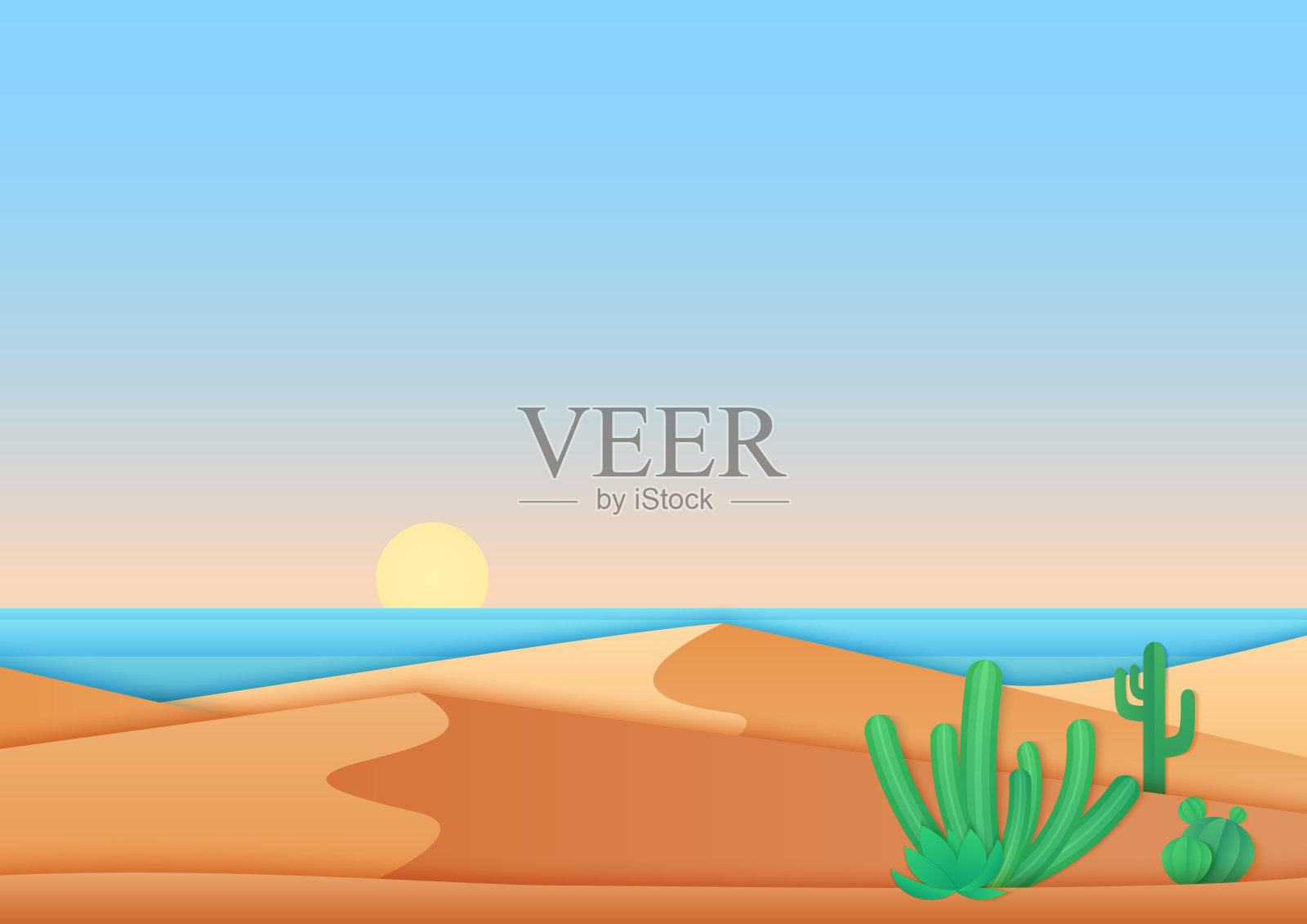 平面简单的设计沙漠附近的海洋景观矢量插图。插画图片素材