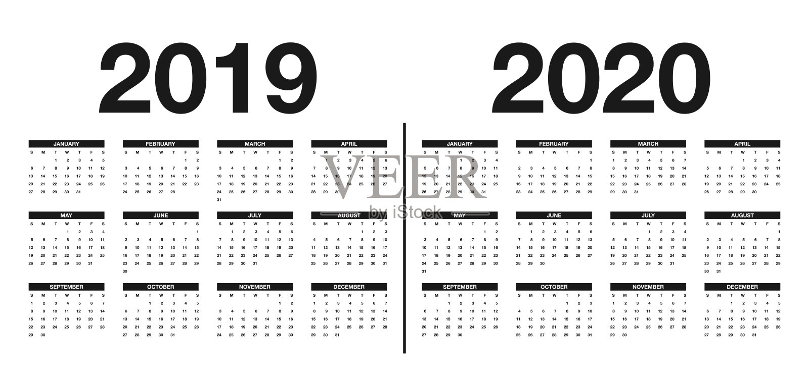 日历2019年和2020年模板。日历设计在黑白颜色插画图片素材