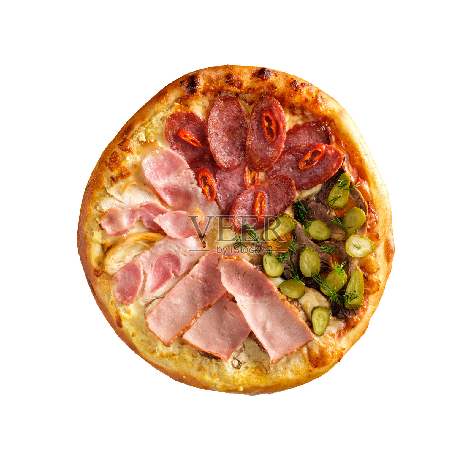 美味的，自制的，美味的披萨孤立在白色背景，俯视图照片摄影图片
