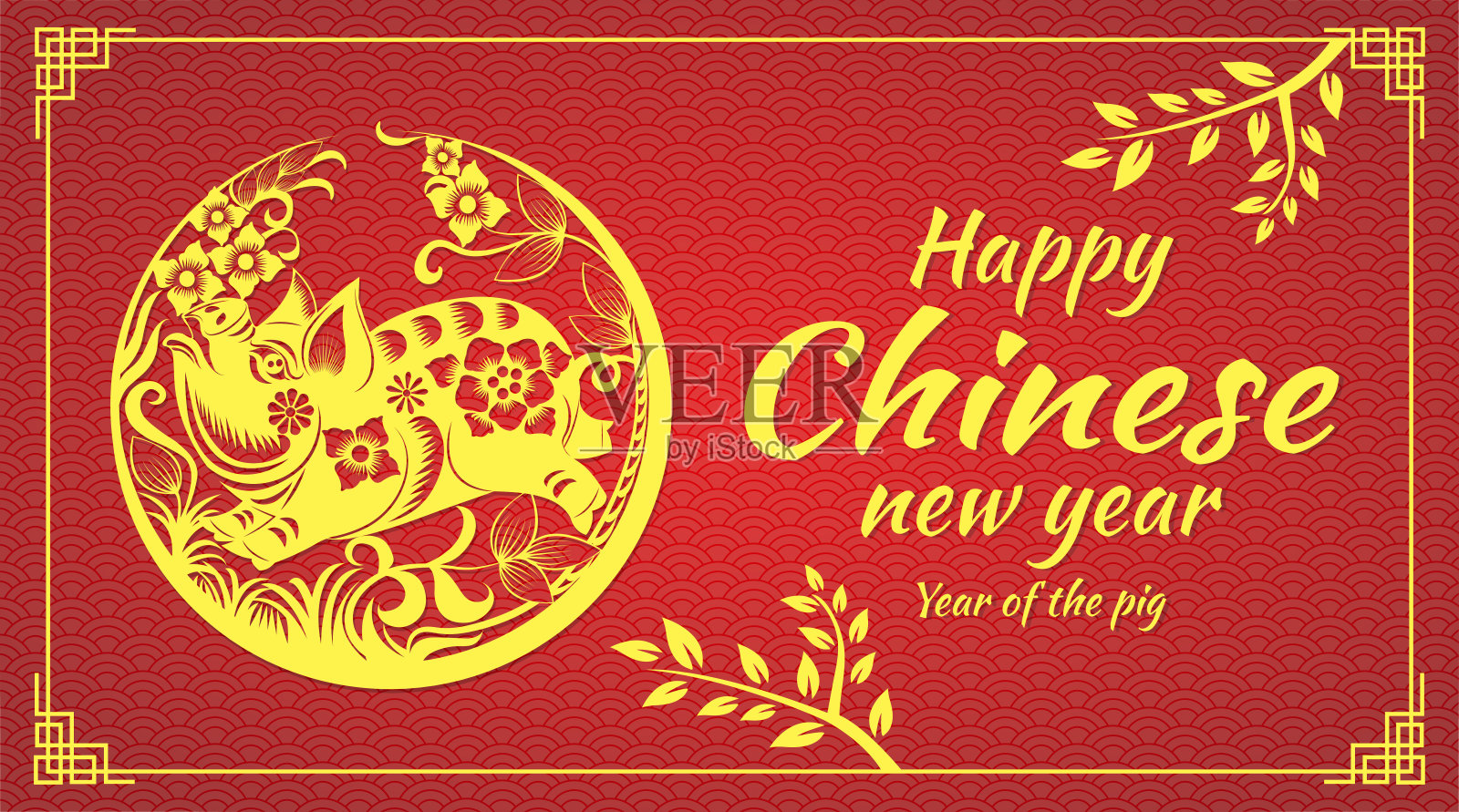 中国新年2019(猪年)。卡片以金镶线猪生肖和金花矢量图案标识插画图片素材