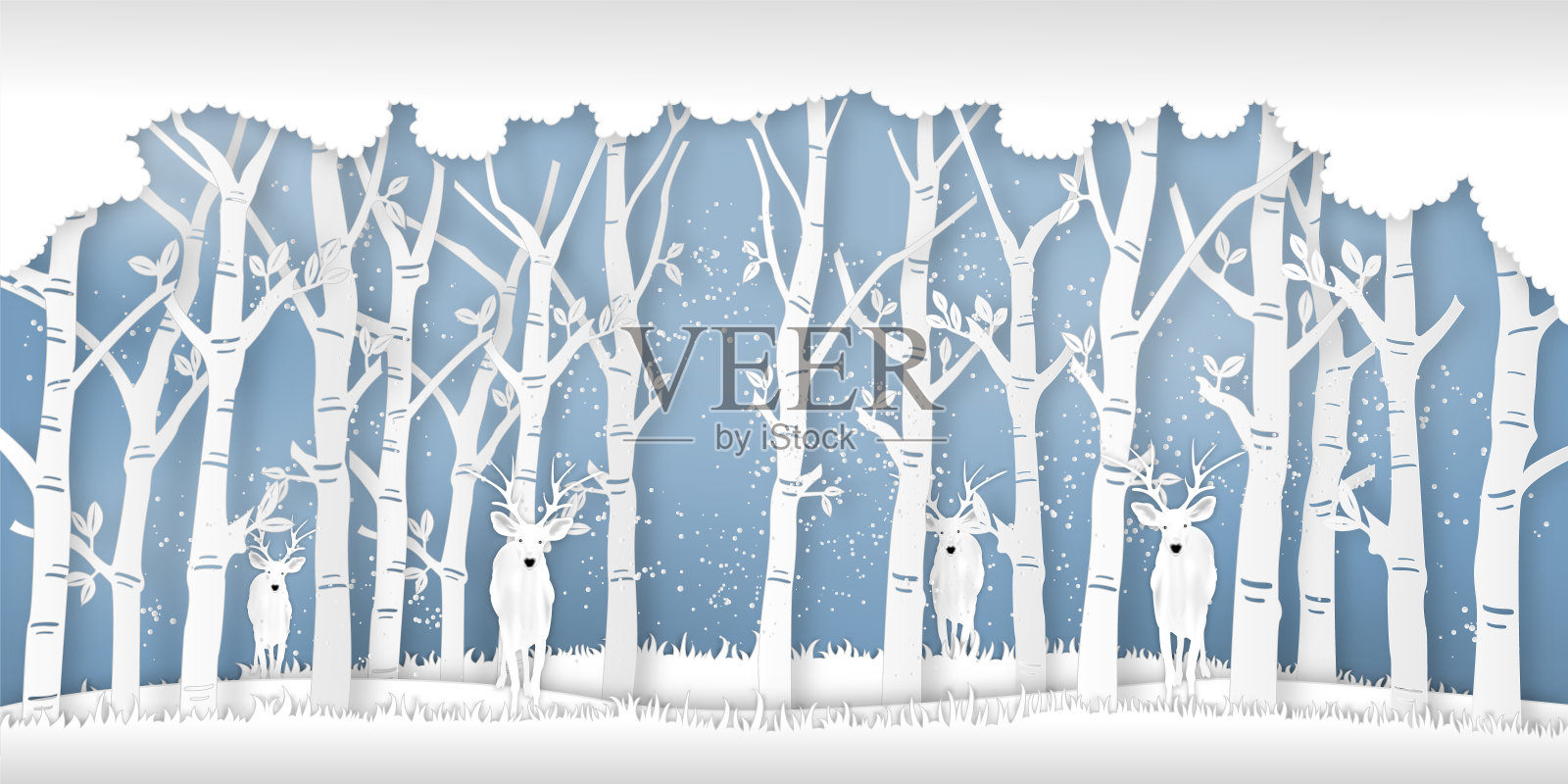 鹿群在冬季的森林里以树和雪作为纸艺术和数码工艺的风格概念。矢量图插画图片素材
