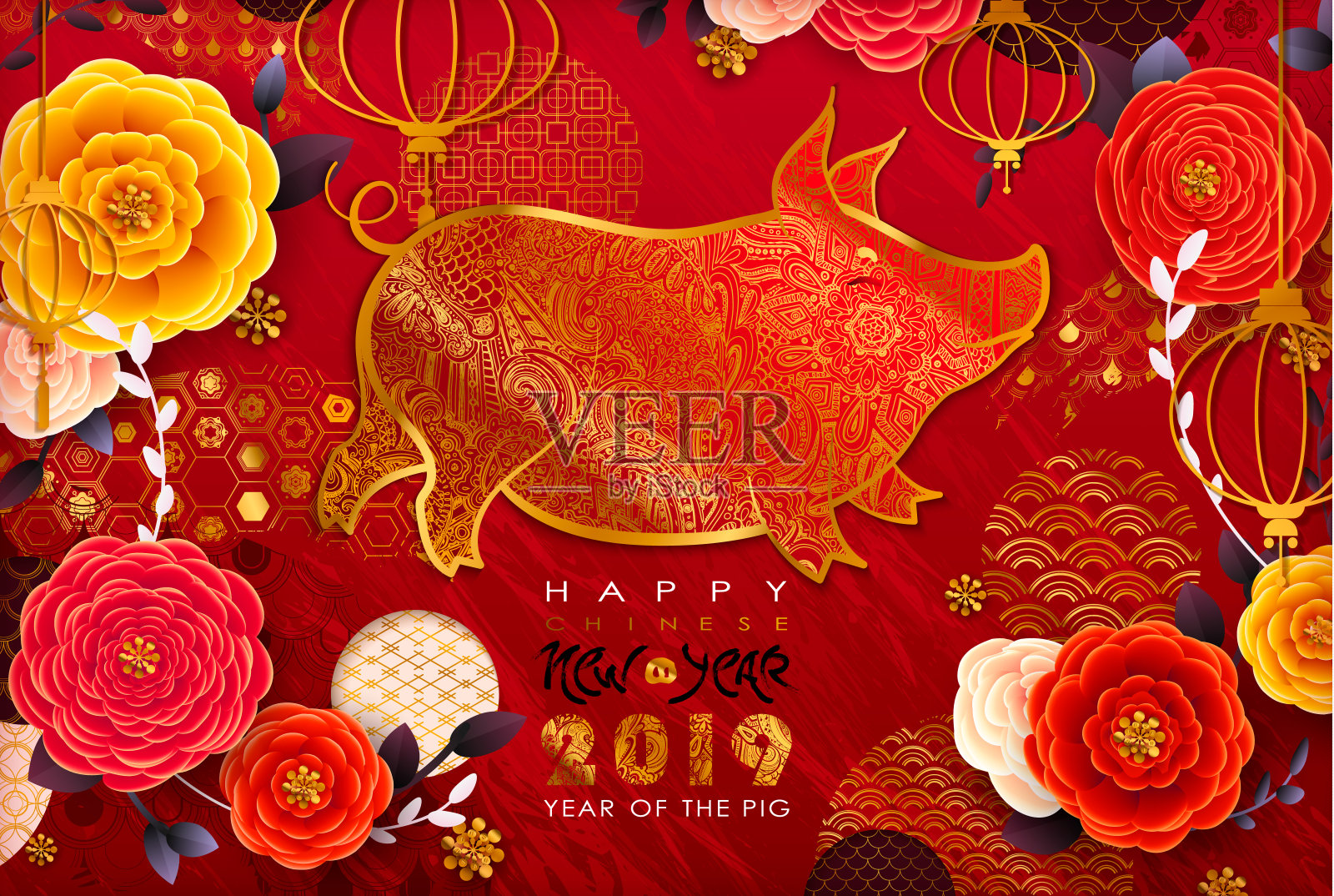 2019年中国新年。生肖猪。设计模板素材