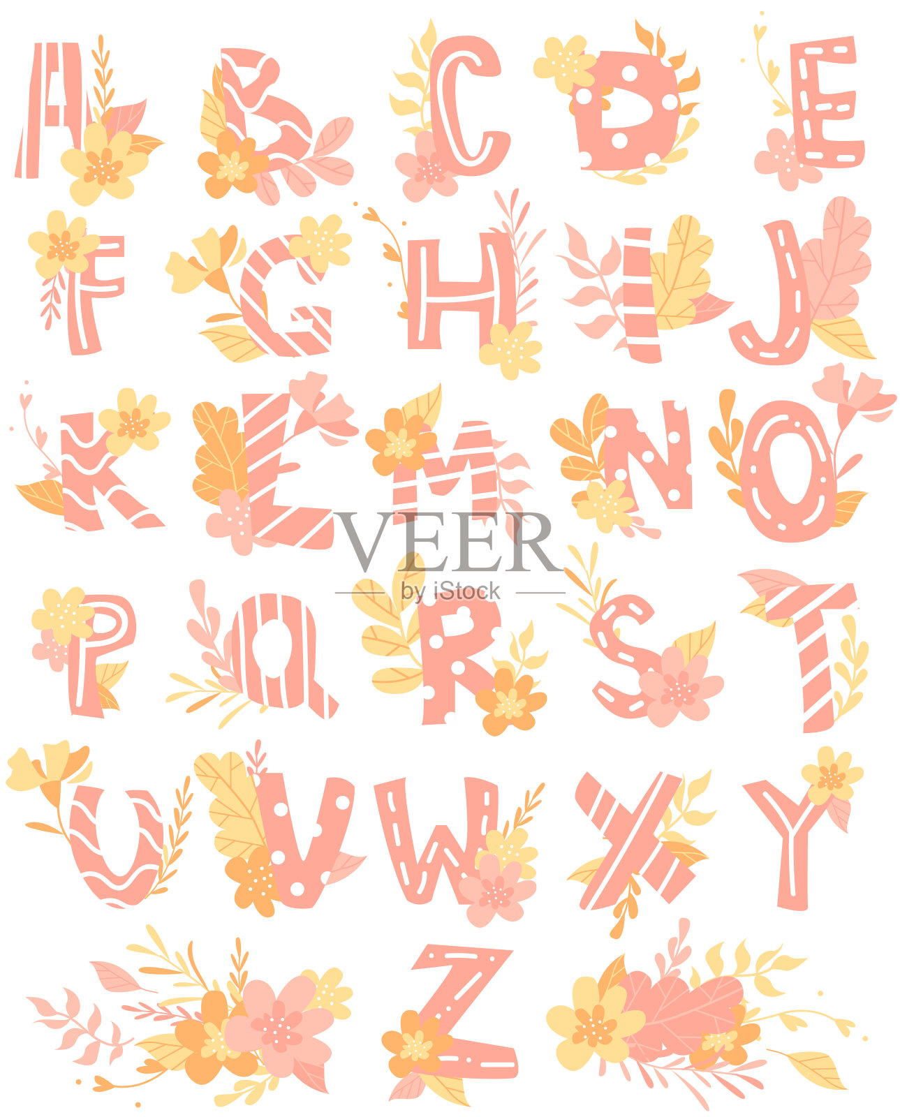 手绘字母，五颜六色的儿童英语字母表插画图片素材