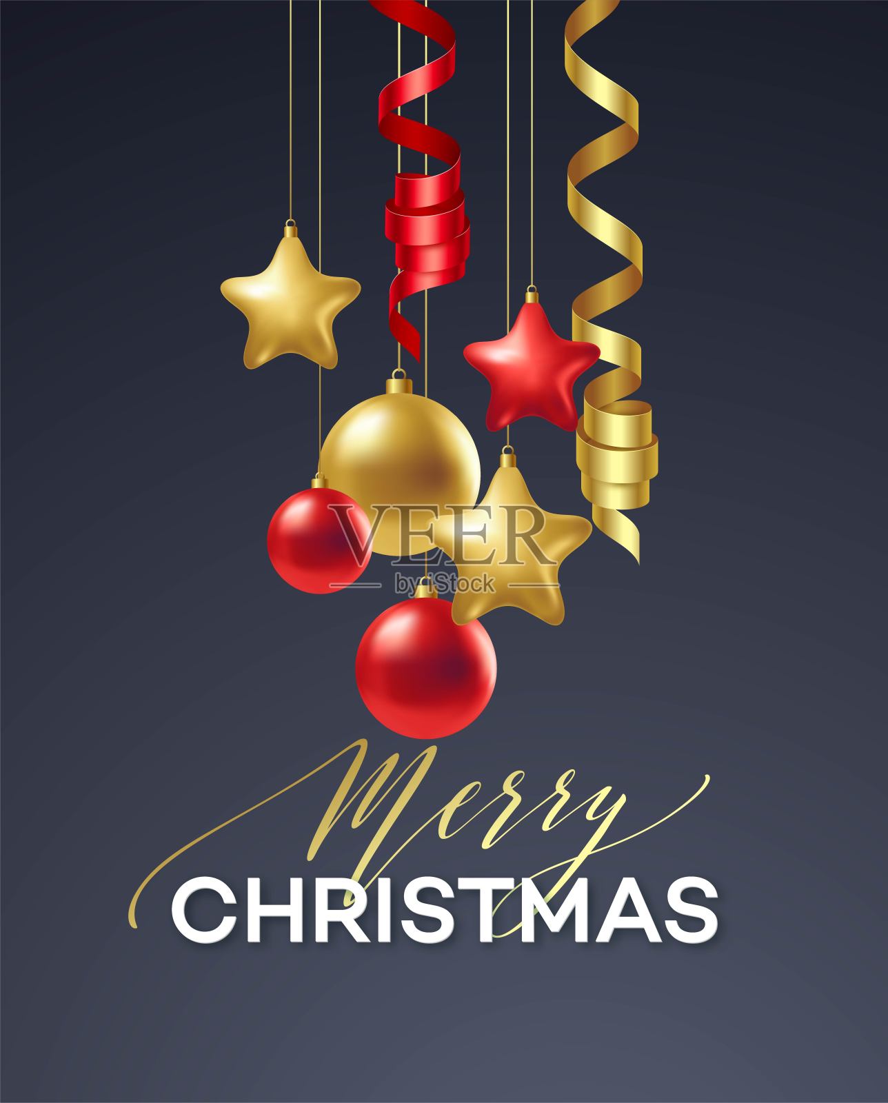 海报圣诞快乐。高档书法字体，以金饰装饰的金球为豪华黑色背景。矢量图设计模板素材